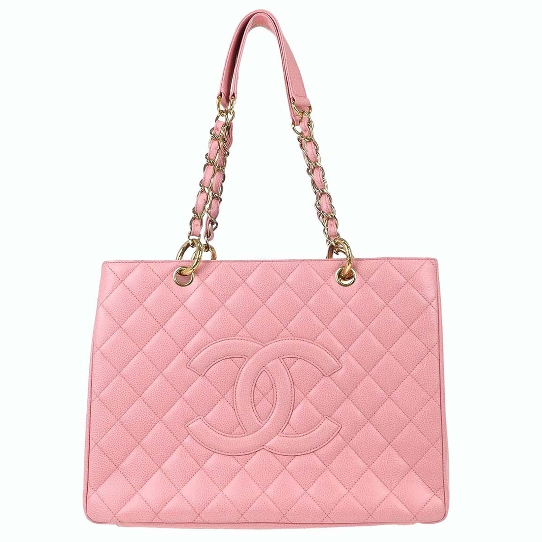 Chanel pink calfskin chain tote handbag GST: Chanel pink calfskin chain tote handbag GST This Chanel Grand Shopping Tote (GST) is crafted from pink calfskin leather and features double handles with a 9-inch drop. The bag is designed in a large s