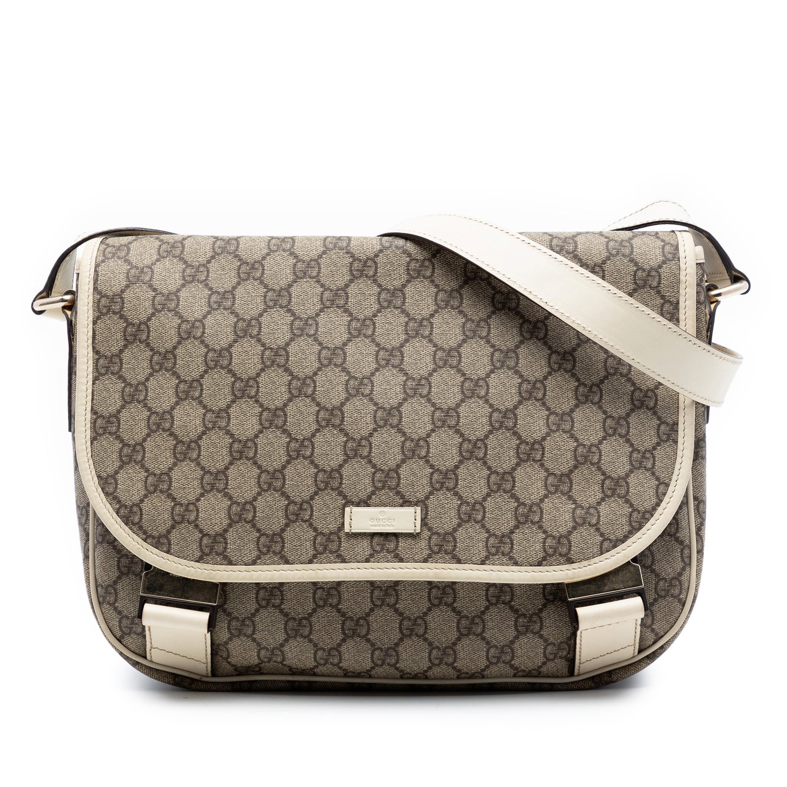 Gucci GG Supreme Beige Canvas Crossbody Bag with Leather Trim: Gucci GG Supreme Beige Canvas Crossbody Bag with Leather Trim This Gucci GG Supreme Crossbody bag showcases a coated canvas exterior with leather trim, featuring an adjustable flat leather strap, a to