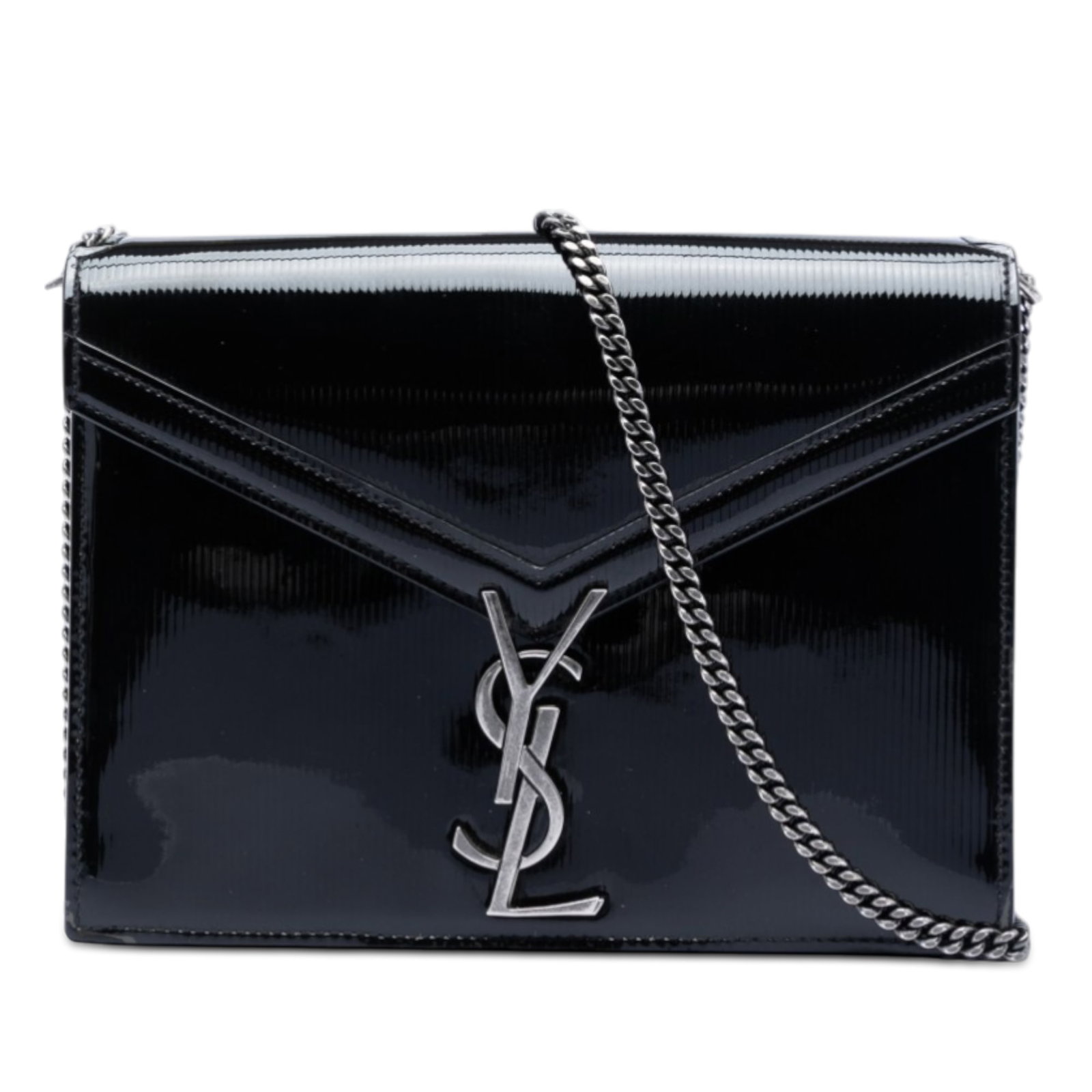 Black Patent Leather Cassandra Bag with YSL Logo and Chain Strap: Black Patent Leather Cassandra Bag with YSL Logo and Chain Strap This Saint Laurent Patent Monogram Cassandra Clasp Bag features a black patent leather body, a chain link strap, a front flap with a me