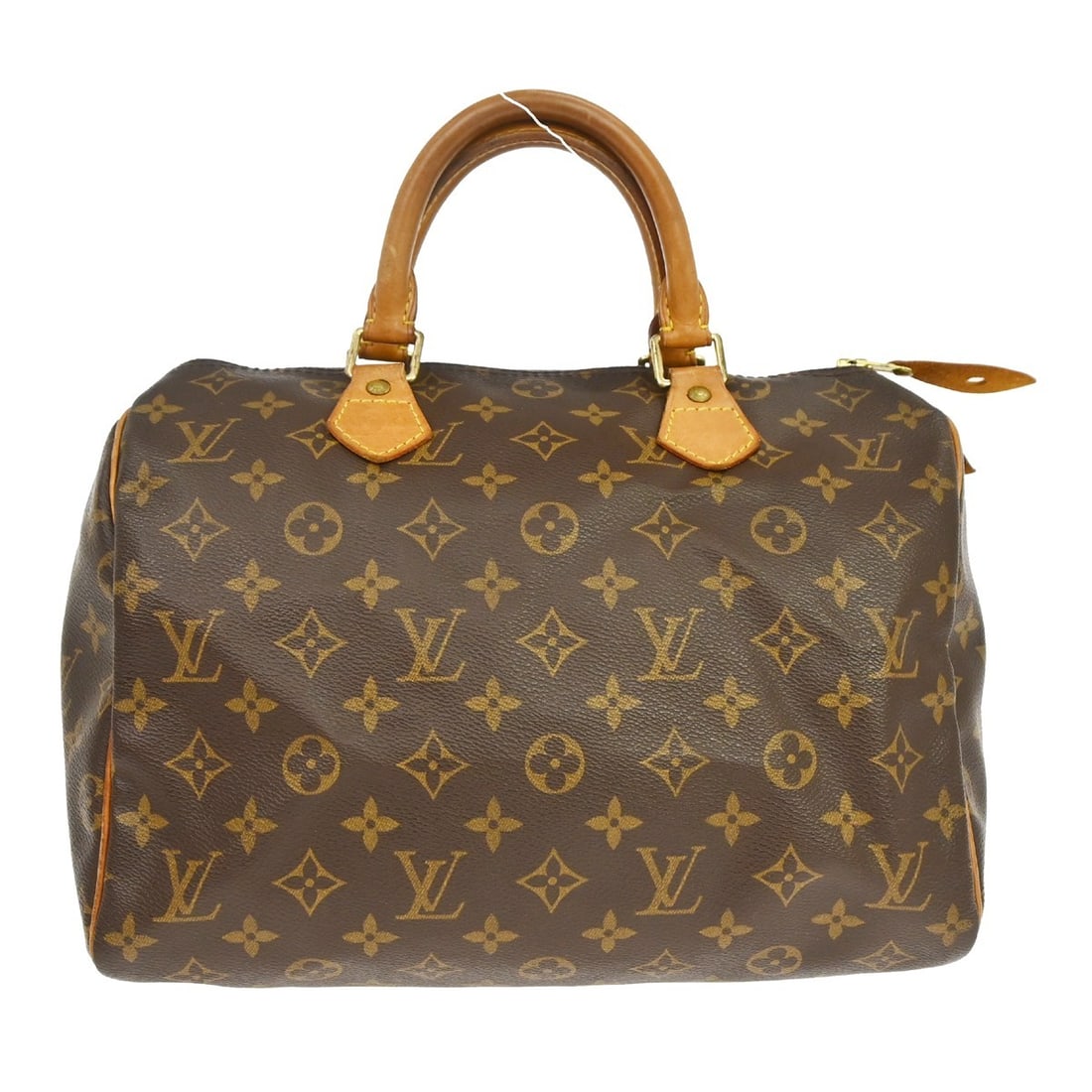 Louis Vuitton Monogram Speedy 30 Brown Canvas Satchel: Louis Vuitton Monogram Speedy 30 Brown Canvas Satchel This Louis Vuitton Speedy 30 handbag features the iconic monogram canvas exterior with beige leather double handles and gold-plated hardware. Desi