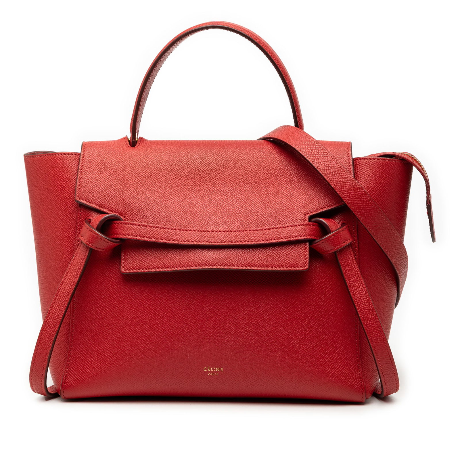 Celine Micro Belt Bag in Red Grained Calfskin Leather: Celine Micro Belt Bag in Red Grained Calfskin Leather This Celine Micro Grained Calfskin Belt Bag is crafted from leather and features a flat leather top handle, a detachable flat leather strap, a fro
