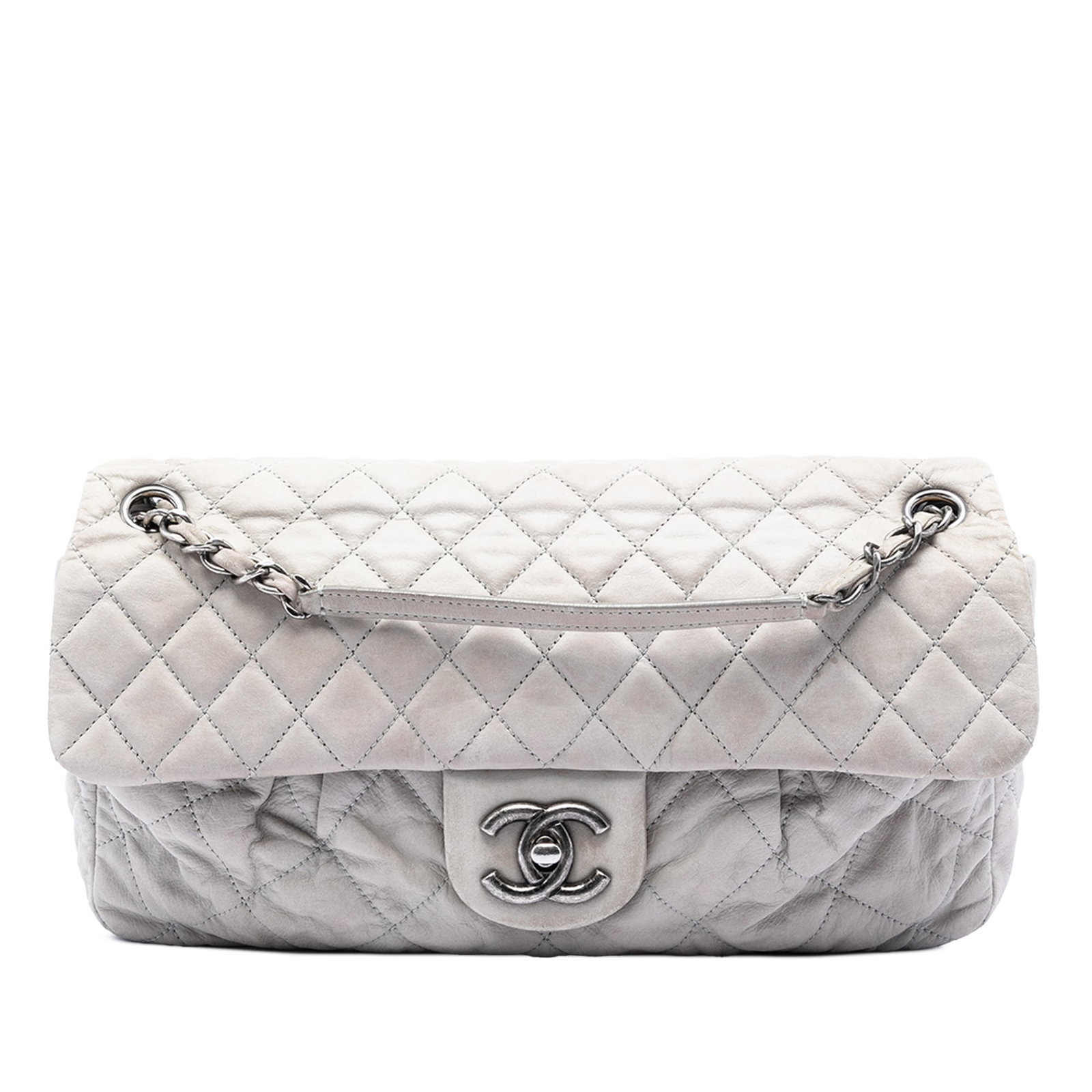 Chanel Iridescent Quilted Calfskin Coco Pleats Shoulder Bag Gray: Chanel Iridescent Quilted Calfskin Coco Pleats Shoulder Bag Gray This Chanel Large Quilted Iridescent Calfskin Coco Pleats Flap shoulder bag features a quilted calfskin leather body, a leather-woven c