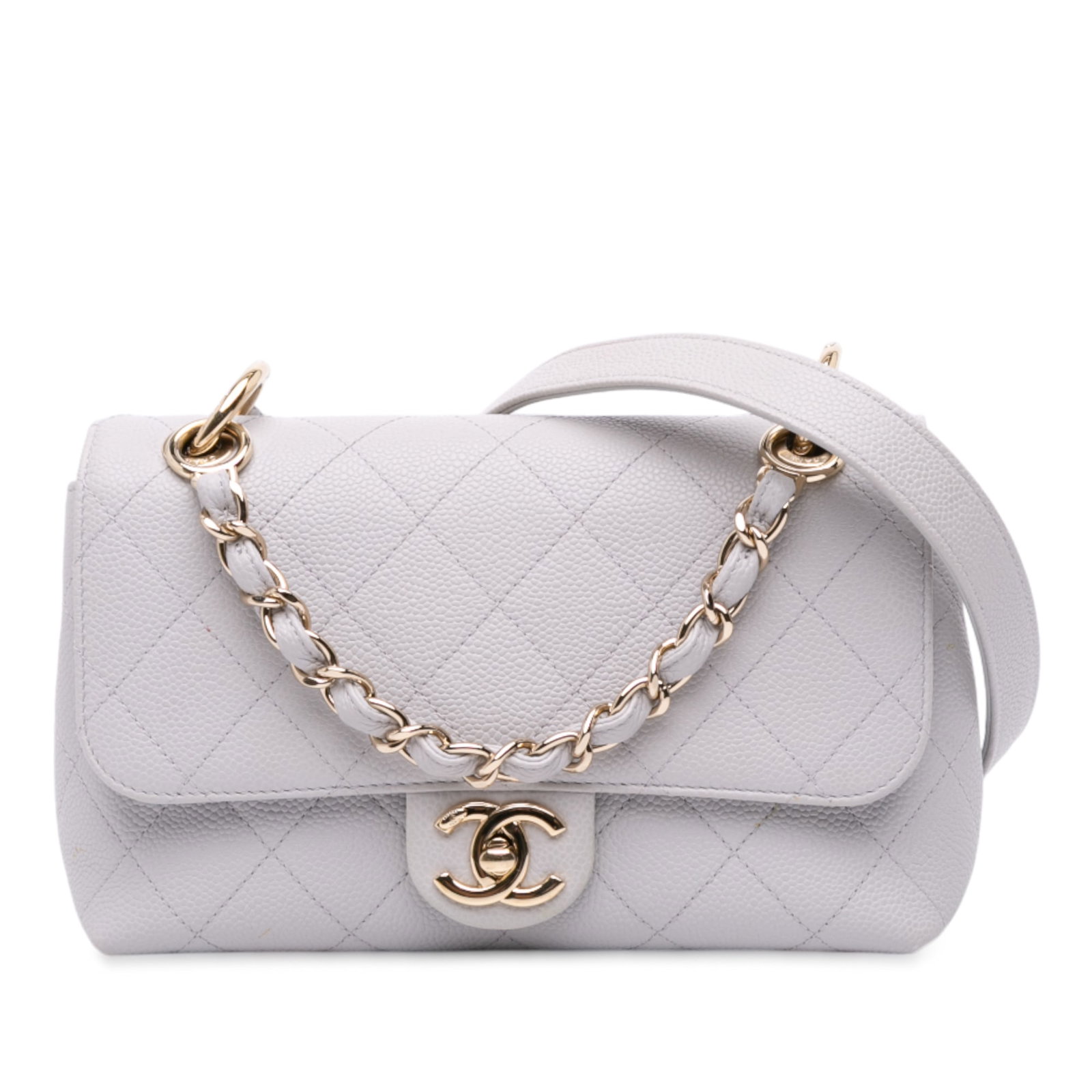 Chanel Small Stitched Caviar Leather Gray City Walk Flap Bag: Chanel Small Stitched Caviar Leather Gray City Walk Flap Bag This Chanel Small Stitched Caviar City Walk Flap bag is crafted from quilted caviar leather in gray and features a leather-woven chain link