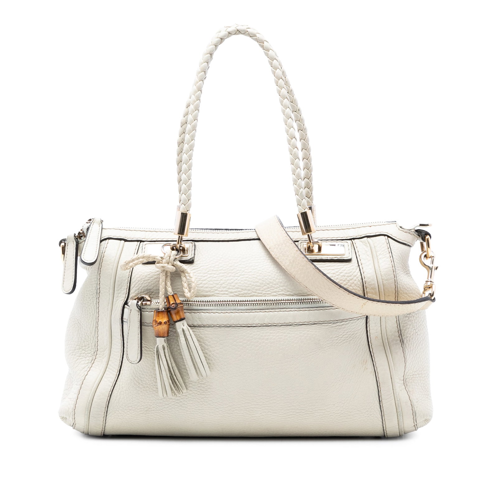 Gucci Bella White Leather Satchel with Braided Handle and Detachable Strap: Gucci Bella White Leather Satchel with Braided Handle and Detachable Strap This Gucci Pebbled Calfskin Bella Satchel features a white leather body with a braided leather handle and a detachable, adjus