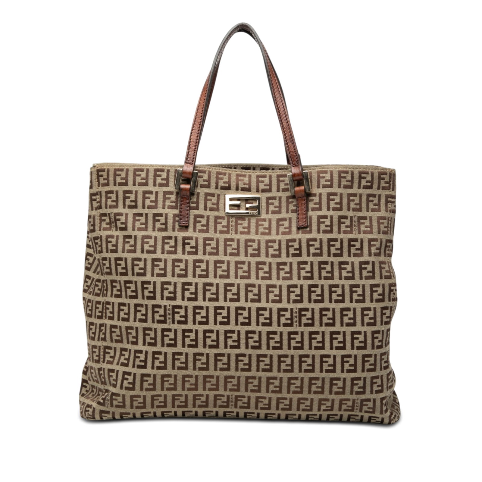 Beige Zucchino Canvas Tote Bag by Fendi with Leather Handles: Beige Zucchino Canvas Tote Bag by Fendi with Leather Handles This Fendi Zucchino Canvas Tote features a beige canvas body with the iconic Zucchino pattern, complemented by flat leather straps. The tot