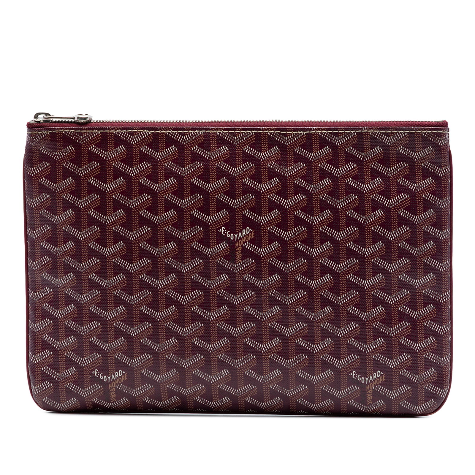 Goyard Senat MM Red Coated Canvas Clutch: Goyard Senat MM Red Coated Canvas Clutch This Goyard Goyardine Senat MM clutch bag showcases a red coated canvas exterior with a top zip closure and an interior slip pocket. Made in France, it feature