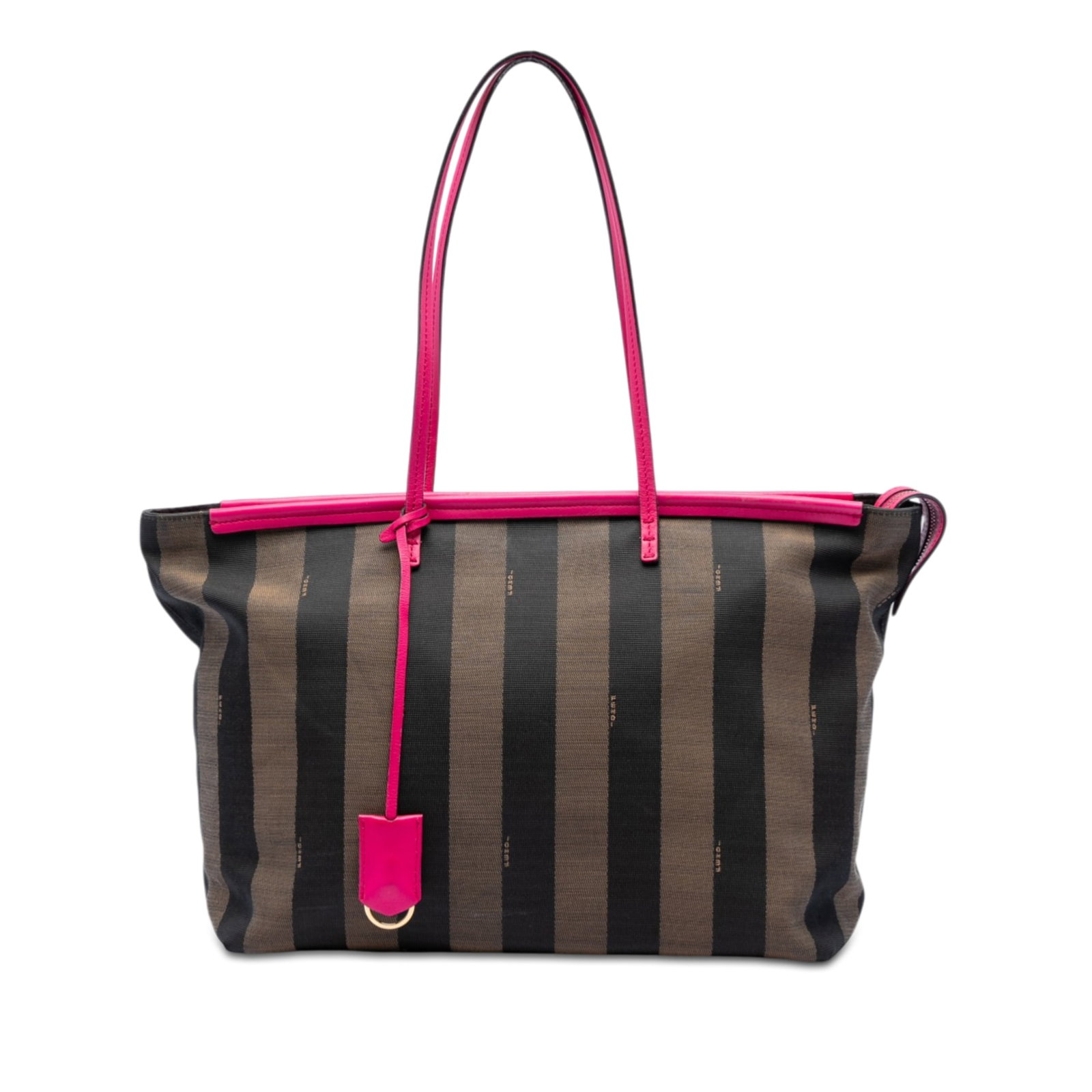 Fendi Pequin canvas tote with leather trim and zip top: Fendi Pequin canvas tote with leather trim and zip top This Fendi Medium Pequin Canvas Roll Tote features a canvas body with leather trim, flat leather straps, a top zip closure, and an interior zip p