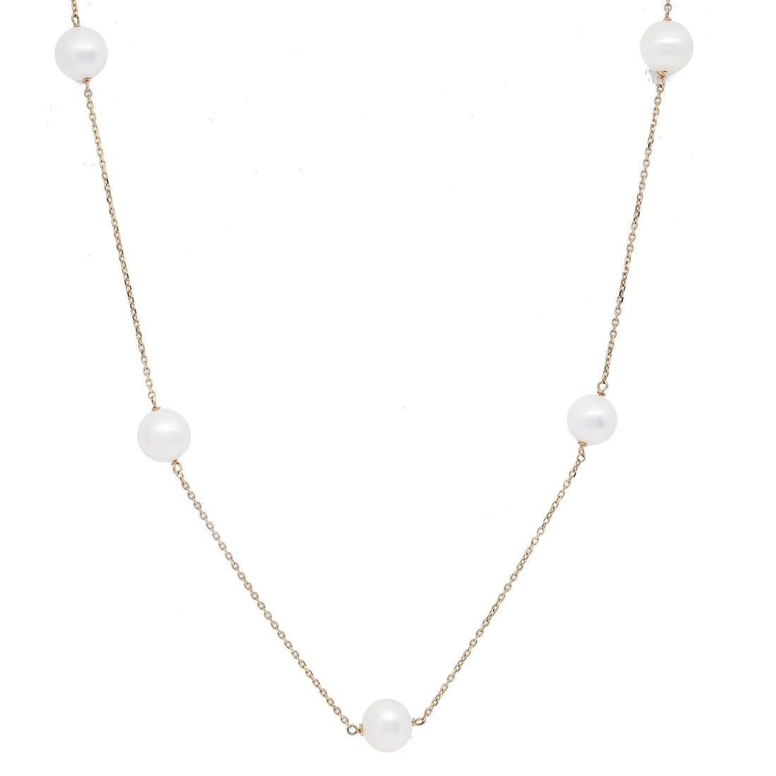 R Rachel Koen 14K Yellow Gold Necklace with 9 Fresh Water Pearls: R Rachel Koen 14K Yellow Gold Necklace with 9 Fresh Water Pearls This exquisite ladies' chain necklace, crafted from high-polished 14K yellow gold, features 9 stunning round fresh water pearls, each m