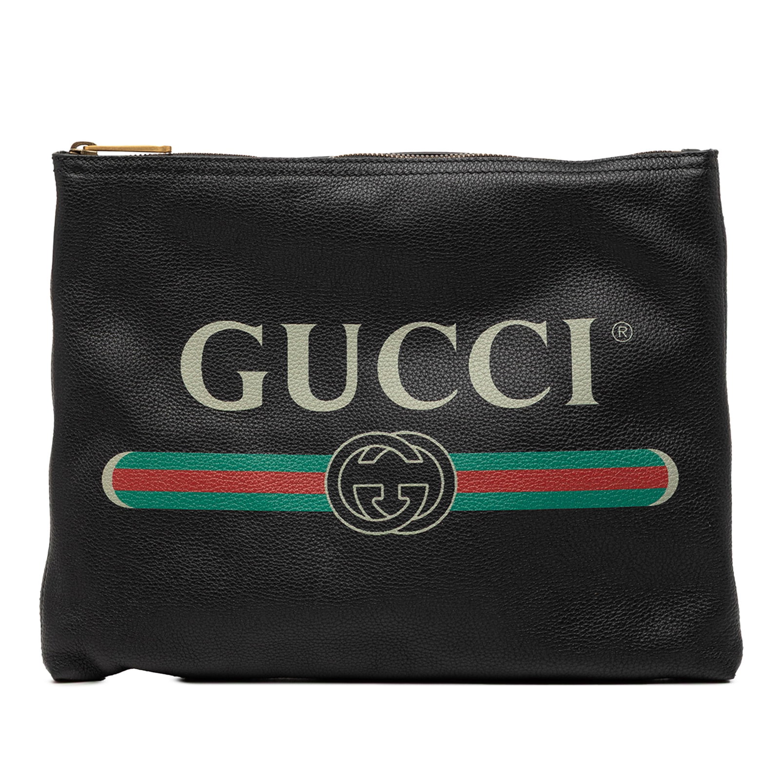 Gucci Black Leather Medium Logo Clutch with Zip Closure: Gucci Black Leather Medium Logo Clutch with Zip Closure This Gucci Medium Leather Logo Portfolio Clutch features a printed leather exterior in black with a top zip closure. The bag includes both a dus