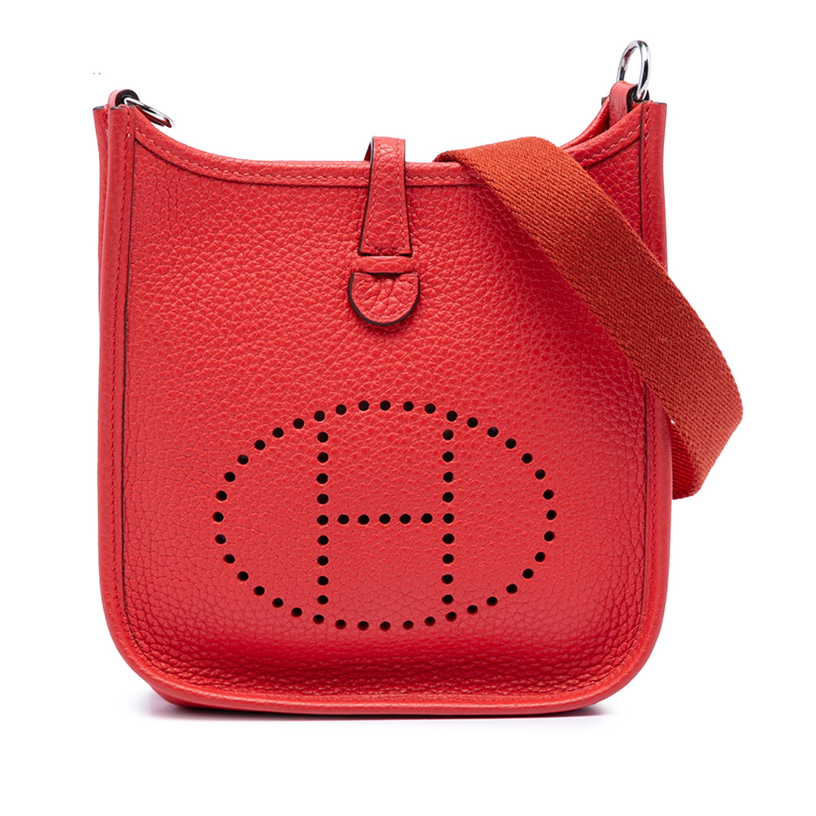 Hermes Evelyne TPM Clemence Leather Red Crossbody Bag with Strap: Hermes Evelyne TPM Clemence Leather Red Crossbody Bag with Strap The Hermes Clemence Evelyne I TPM is crafted from Clemence leather in Rouge Casaque. It features a detachable flat strap and an open to