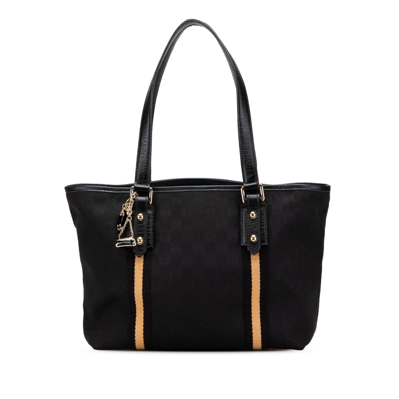 Black GG Canvas Jolicoeur Tote Bag with Leather Trim by Gucci: Black GG Canvas Jolicoeur Tote Bag with Leather Trim by Gucci The Gucci GG Canvas Jolicoeur Tote features a canvas body with leather trim, flat leather straps, an open top, and interior zip and slip p
