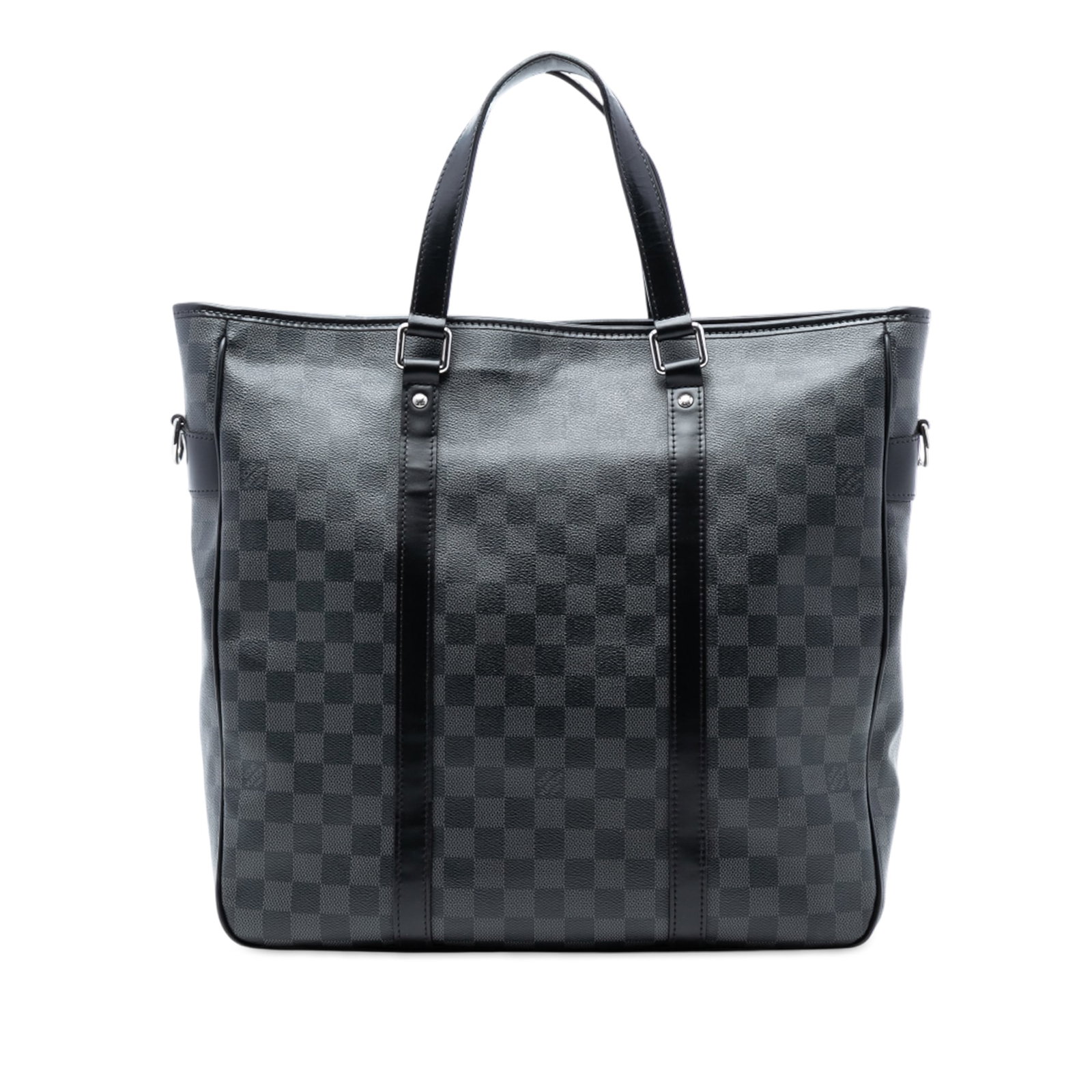 Louis Vuitton Tadao PM Black Damier Graphite Canvas Bag with Leather Trim: Louis Vuitton Tadao PM Black Damier Graphite Canvas Bag with Leather Trim The Louis Vuitton Damier Graphite Tadao PM features a damier graphite canvas body with leather trim, flat leather handles, a t