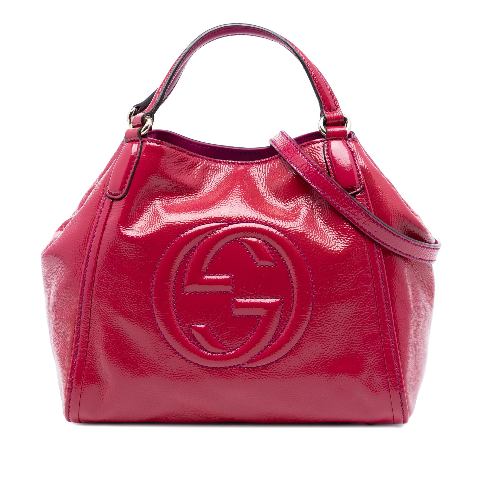 Gucci Pink Patent Leather Soho Satchel Tote: Gucci Pink Patent Leather Soho Satchel Tote This Gucci Small Patent Soho Satchel is crafted from glossy pink patent leather and features flat leather handles and a detachable flat leather strap for ve