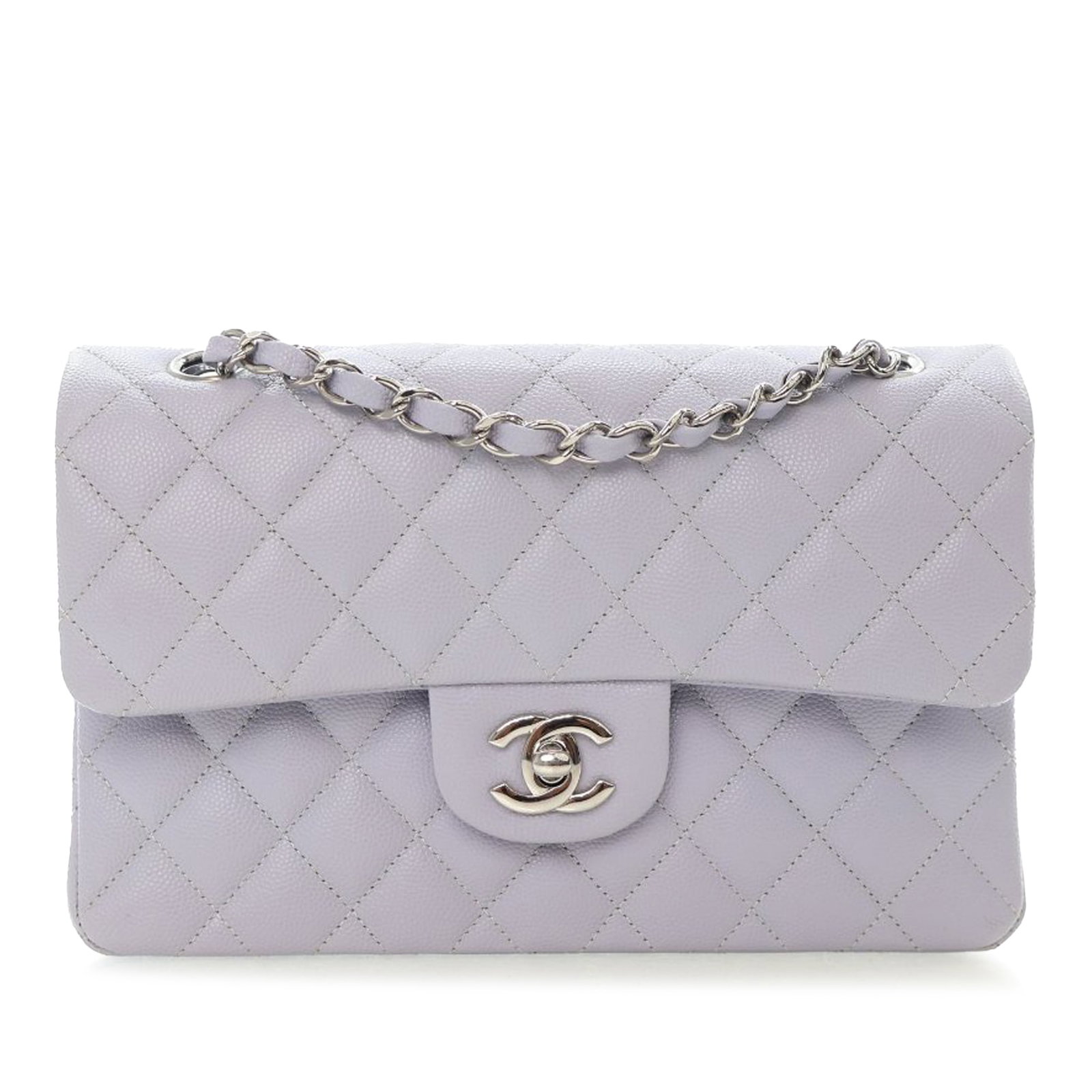 Chanel Purple Quilted Caviar Leather Small Double Flap Shoulder Bag: Chanel Purple Quilted Caviar Leather Small Double Flap Shoulder Bag This Chanel Small Classic Caviar Double Flap shoulder bag features a quilted caviar leather exterior in purple, complemented by leat