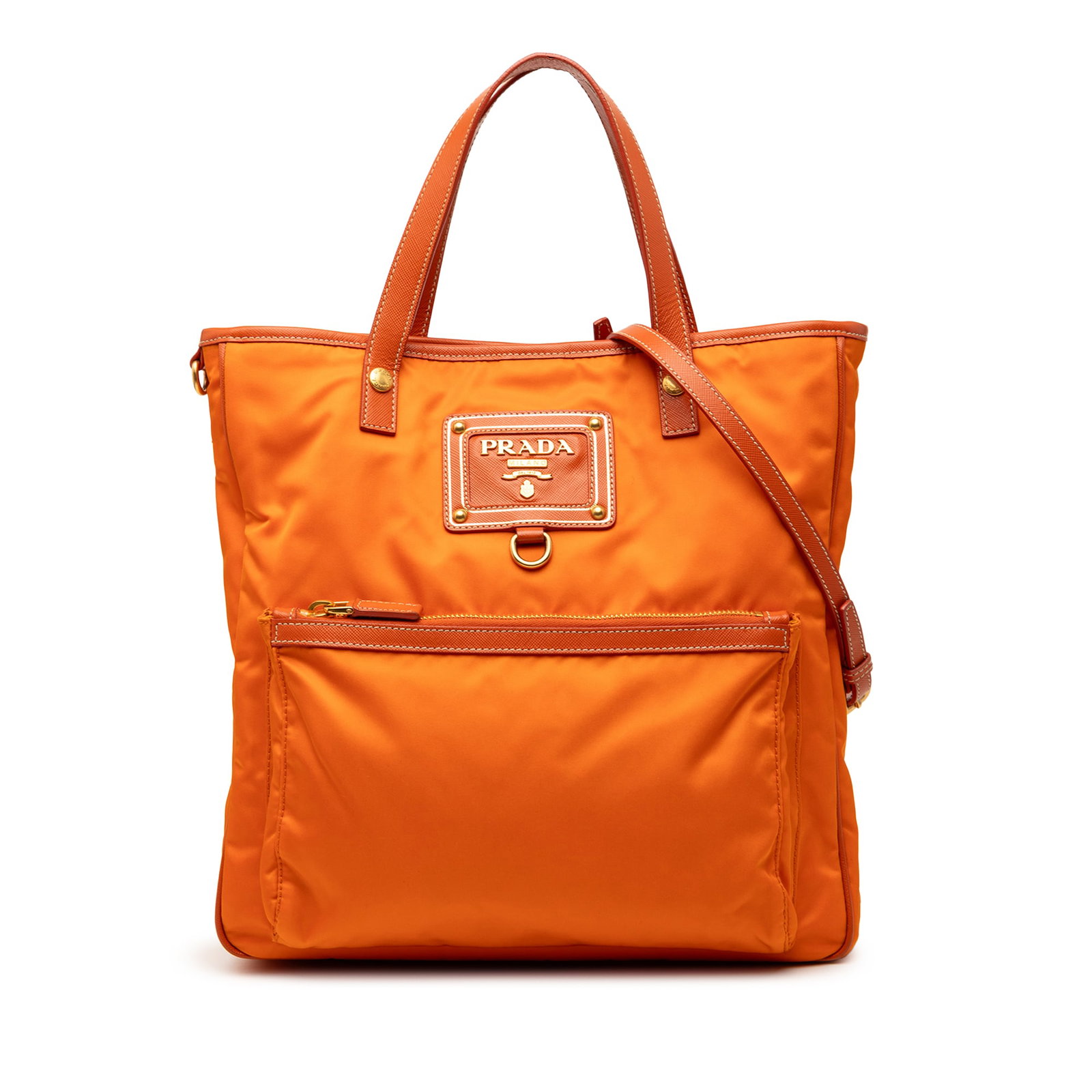 Prada Tessuto Satchel with Saffiano Leather Trim and Logo Oro Accent: Prada Tessuto Satchel with Saffiano Leather Trim and Logo Oro Accent This Prada Saffiano Trimmed Tessuto Logo Oro Satchel features a nylon body accented with leather trim, flat leather handles, and a 