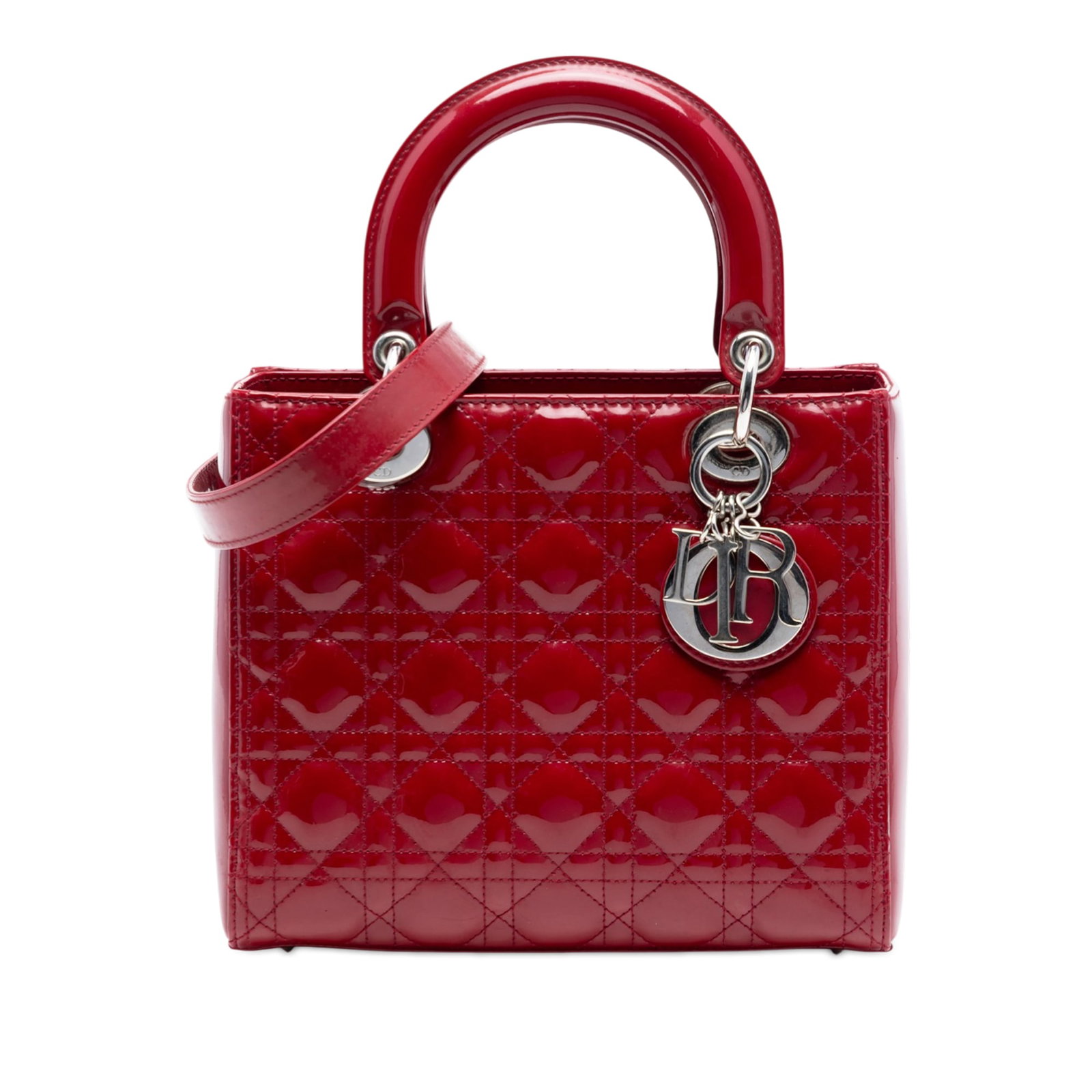 Dior Lady Dior Medium Red Patent Leather Cannage Bag with Strap: Dior Lady Dior Medium Red Patent Leather Cannage Bag with Strap This Medium Lady Dior bag features a patent leather body with the signature Cannage pattern, flat leather top handles, and a detachable 