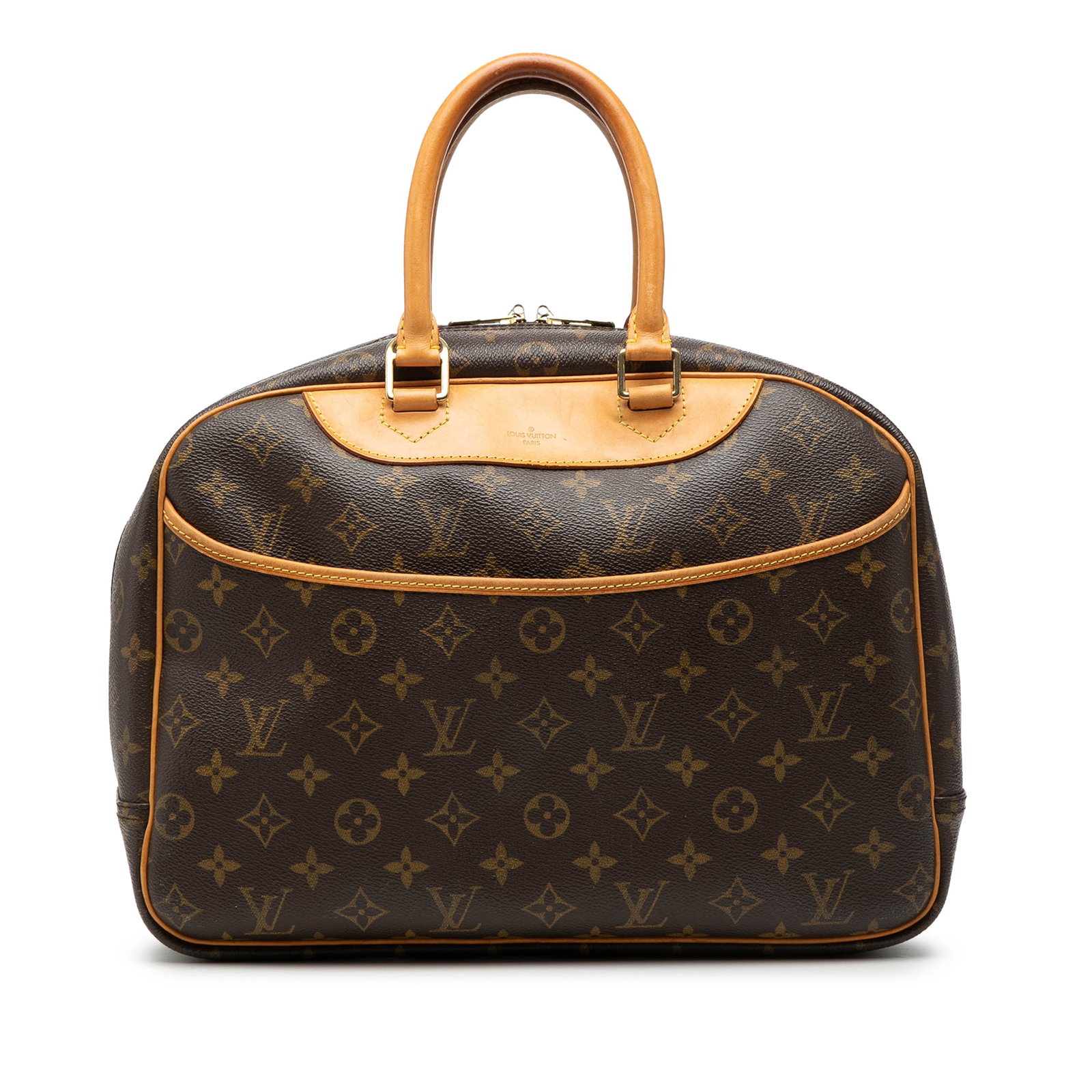 Louis Vuitton Deauville Monogram Canvas Handbag with Leather Trim: Louis Vuitton Deauville Monogram Canvas Handbag with Leather Trim The Louis Vuitton Monogram Deauville is crafted from monogram canvas with vachetta leather trim and rolled vachetta leather handles. I