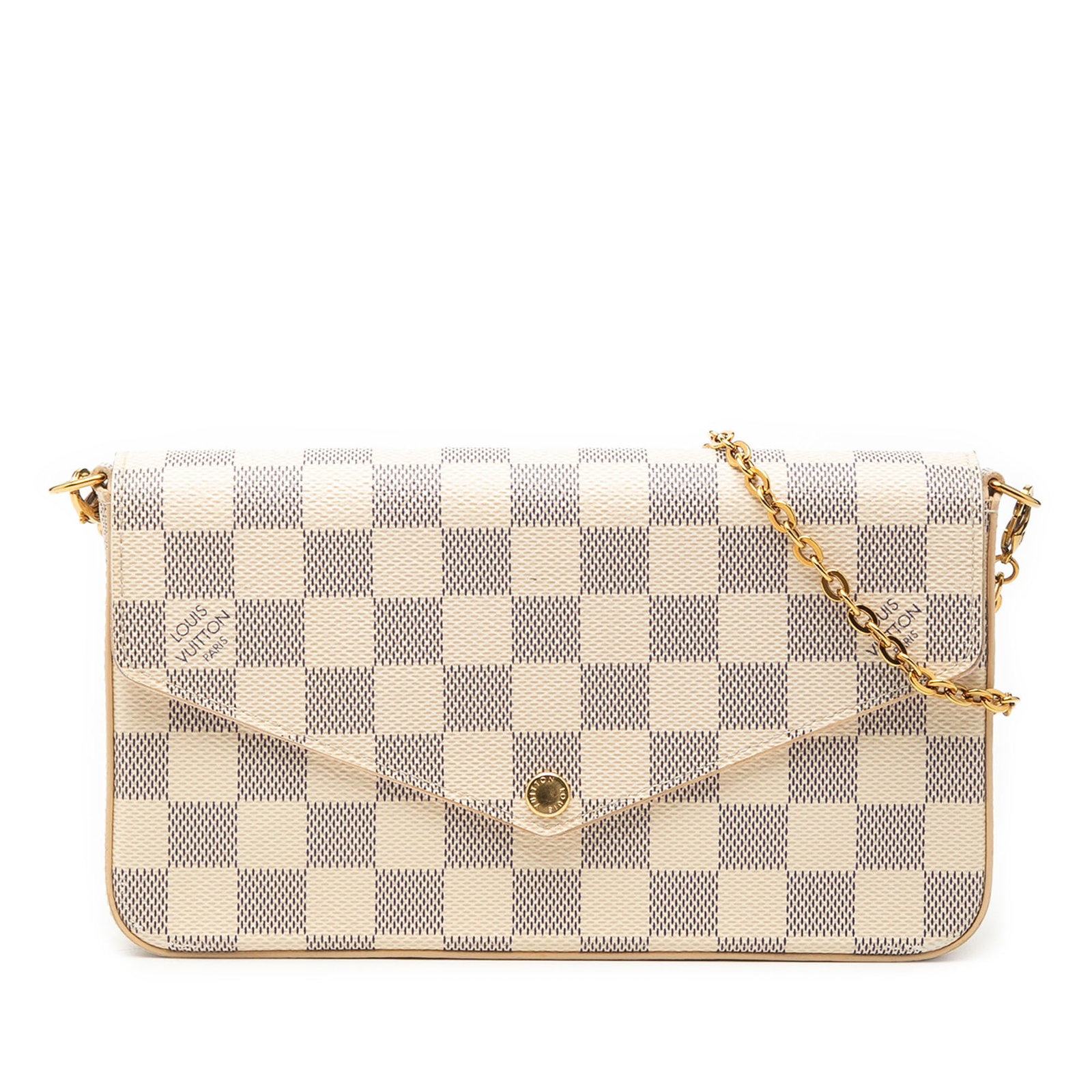 Louis Vuitton Damier Azur Felicie crossbody bag with chain strap: Louis Vuitton Damier Azur Felicie crossbody bag with chain strap This Louis Vuitton Damier Azur Pochette Felicie is a crossbody bag crafted from Damier Azur canvas. It features a detachable gold-tone 