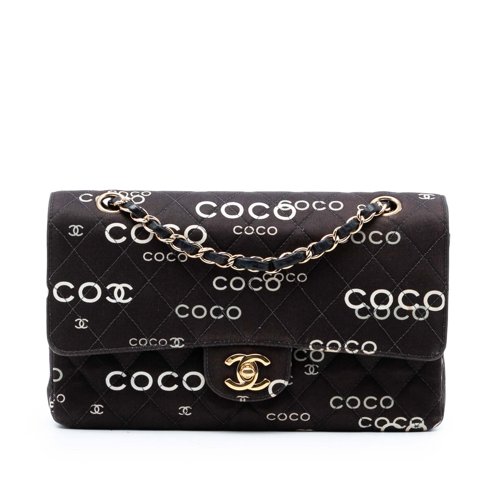 Chanel Coco Print quilted canvas flap shoulder bag: Chanel Coco Print quilted canvas flap shoulder bag This Chanel Medium Classic Canvas Coco Print Double Flap shoulder bag features a quilted brown canvas body, gold-tone chain strap, and a front flap w