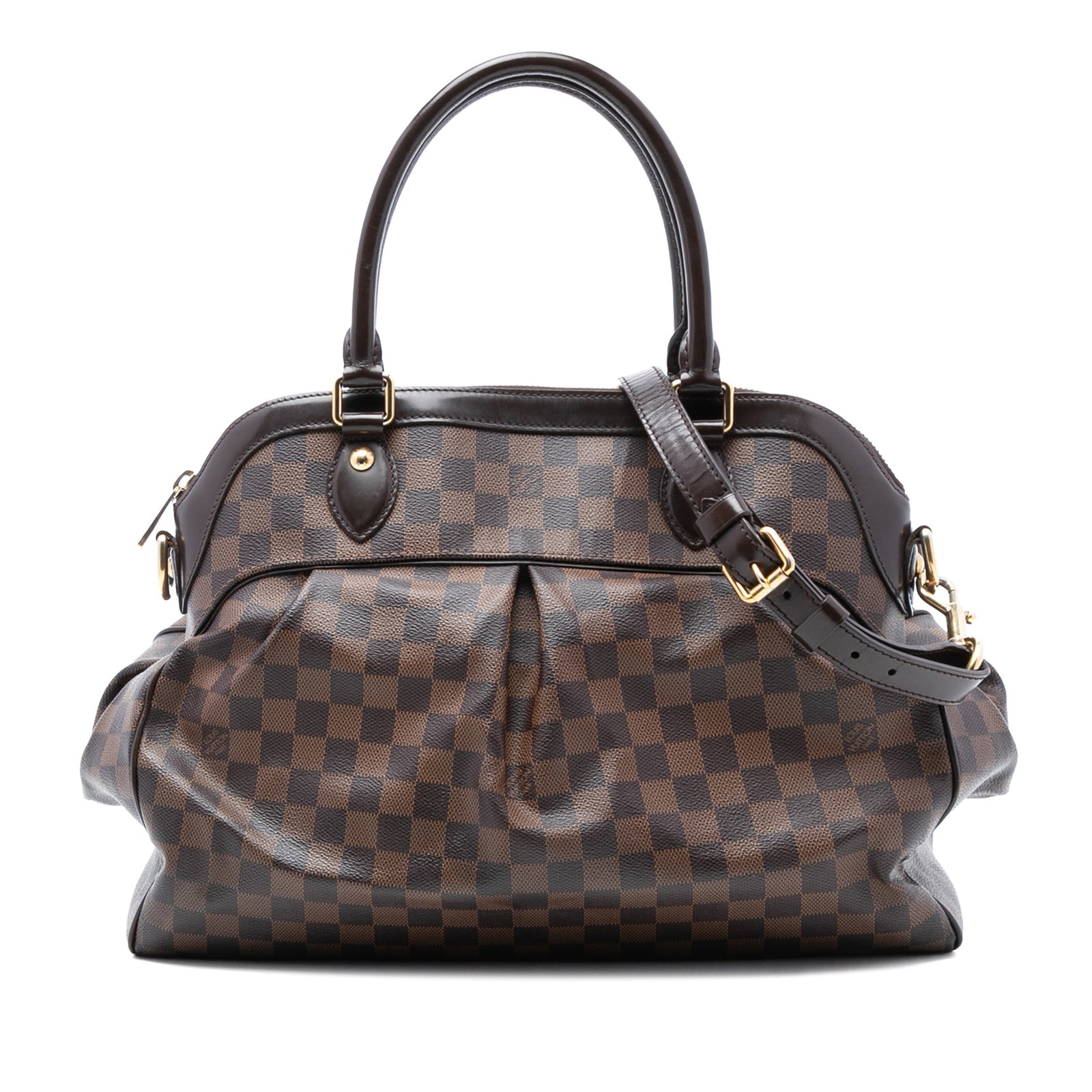 Louis Vuitton Trevi GM Handbag in Damier Ebene Canvas and Leather: Louis Vuitton Trevi GM Handbag in Damier Ebene Canvas and Leather The Louis Vuitton Damier Ebene Trevi GM features a damier ebene canvas body with leather trim, rolled leather handles, a top zip closu