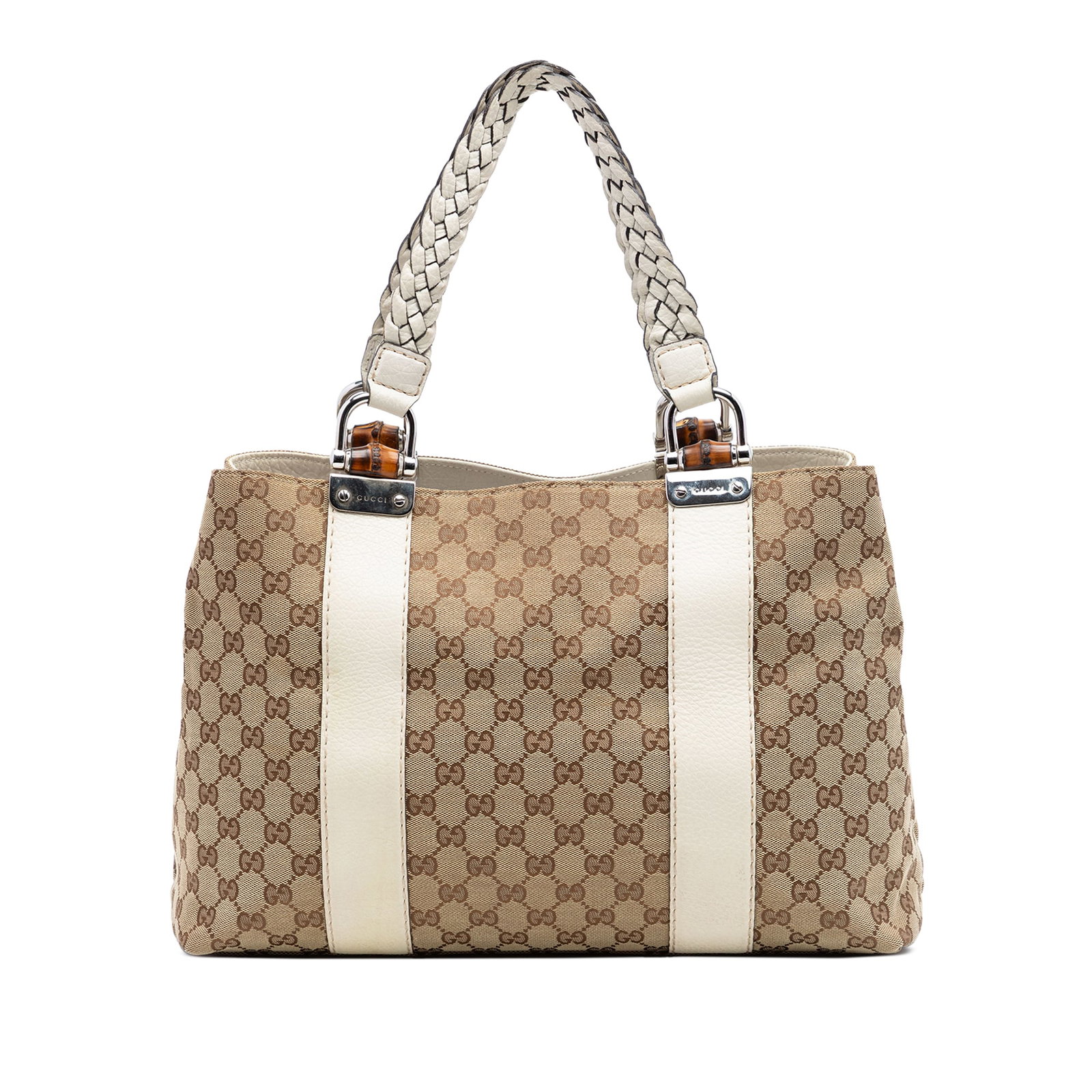 Gucci Bamboo Libeccio canvas tote bag medium GG: Gucci Bamboo Libeccio canvas tote bag medium GG This Gucci Medium GG Canvas Bamboo Libeccio Tote features a beige canvas body with leather trim and flat braided straps. The tote has an open top and in