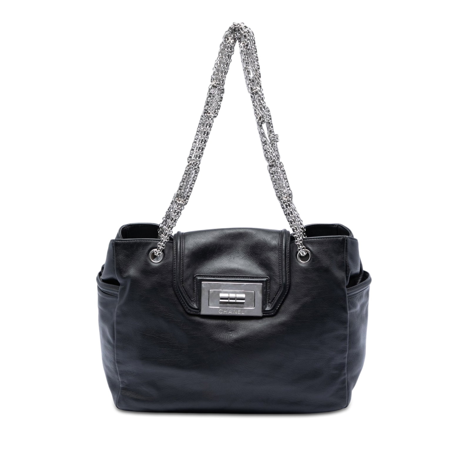 Chanel Mademoiselle Lock leather chain tote bag: Chanel Mademoiselle Lock leather chain tote bag This Chanel Large Lambskin Mademoiselle Lock Jewelry Chain Tote is crafted from luxurious black lambskin leather and features chain link shoulder straps