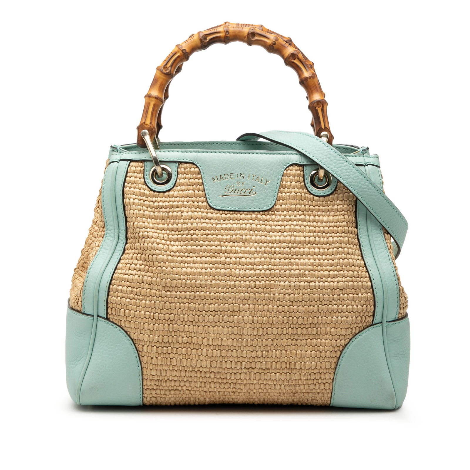 Gucci bamboo handle raffia satchel with leather trim: Gucci bamboo handle raffia satchel with leather trim This Gucci Small Raffia Bamboo Shopper Satchel features a raffia body with leather trim, signature bamboo top handles, a detachable flat leather st