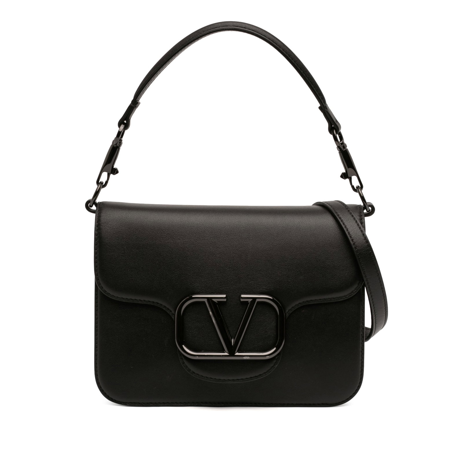 Valentino black leather flap satchel with strap: Valentino black leather flap satchel with strap This Valentino Calfskin Logo Flap Satchel is crafted from black leather and features a structured silhouette with a flat leather top handle and a detach