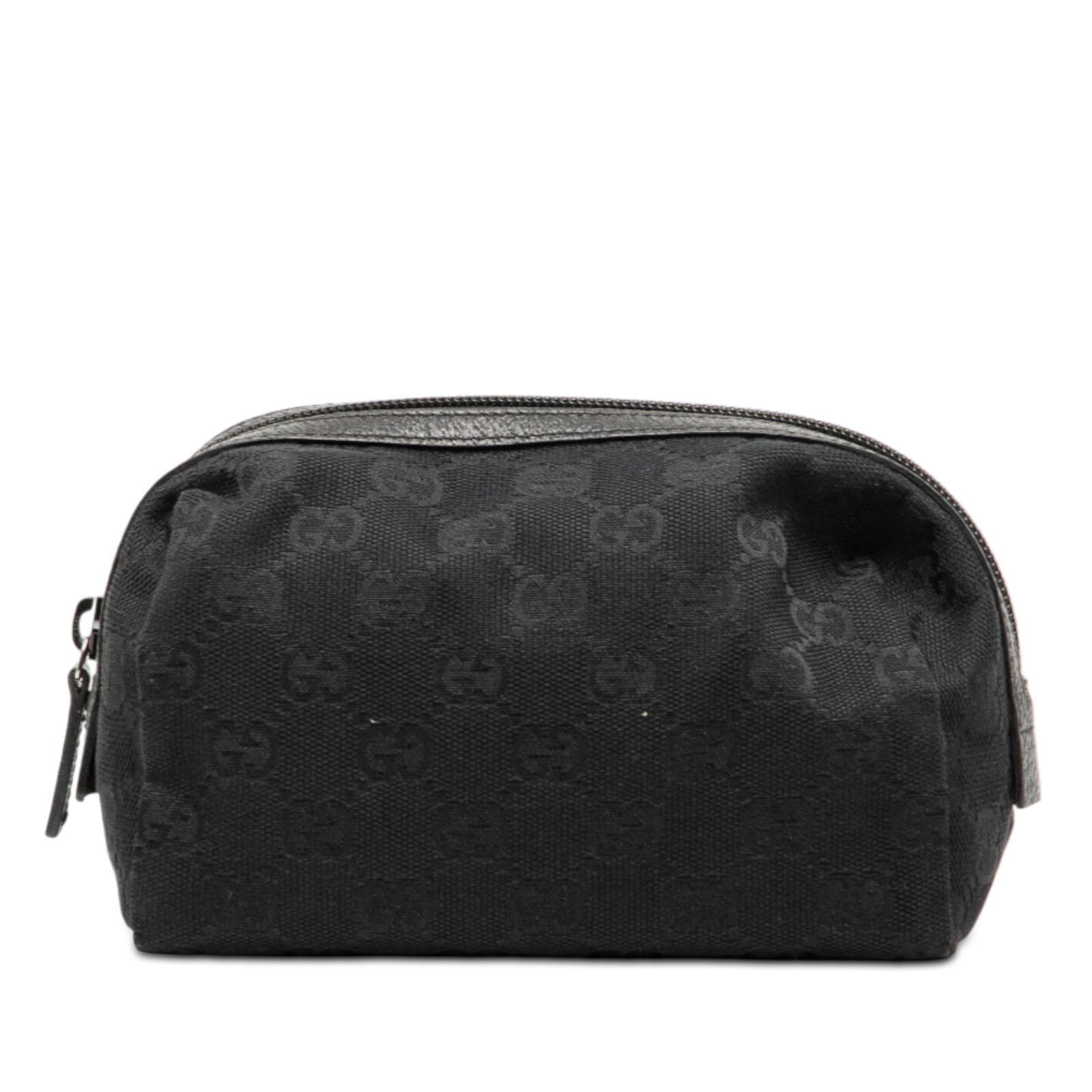 Black GG Canvas Zip Pouch with Leather Trim by Gucci: Black GG Canvas Zip Pouch with Leather Trim by Gucci This Gucci GG Canvas Pouch features a canvas body with leather trim and a zip-around closure. The pouch is designed in black and is made in Italy. 