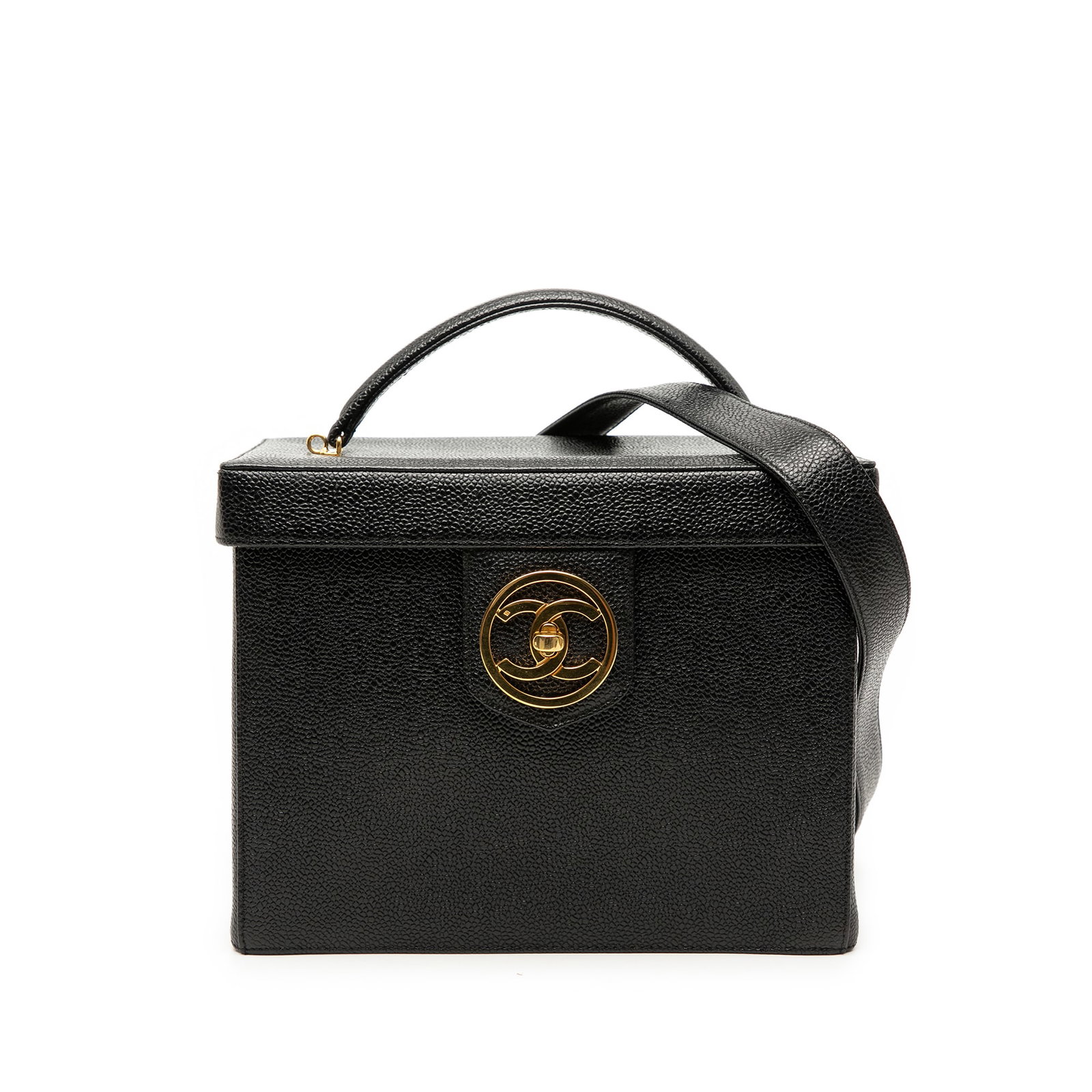 Chanel Vanity Box Case CC Caviar Leather Bag: Chanel Vanity Box Case CC Caviar Leather Bag This Chanel CC Caviar Vanity Box Case is crafted from black caviar leather and features a structured silhouette with a flat leather top handle and a detach