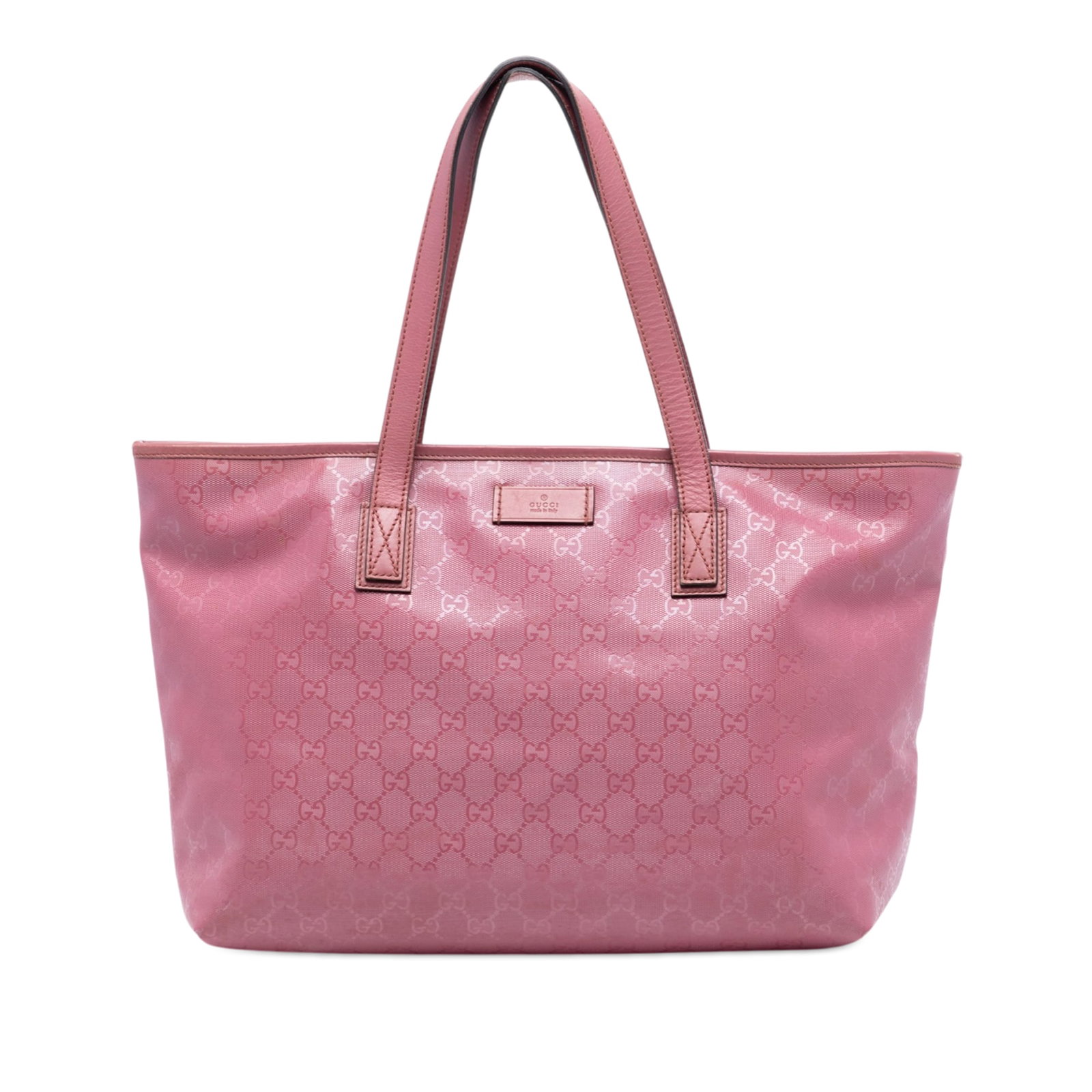 Pink Coated Canvas Tote Bag with Leather Trim by Gucci: Pink Coated Canvas Tote Bag with Leather Trim by Gucci This Gucci Medium GG Imprime Tote features a coated canvas body with leather trim, flat leather handles, a top zip closure, and an interior zip p