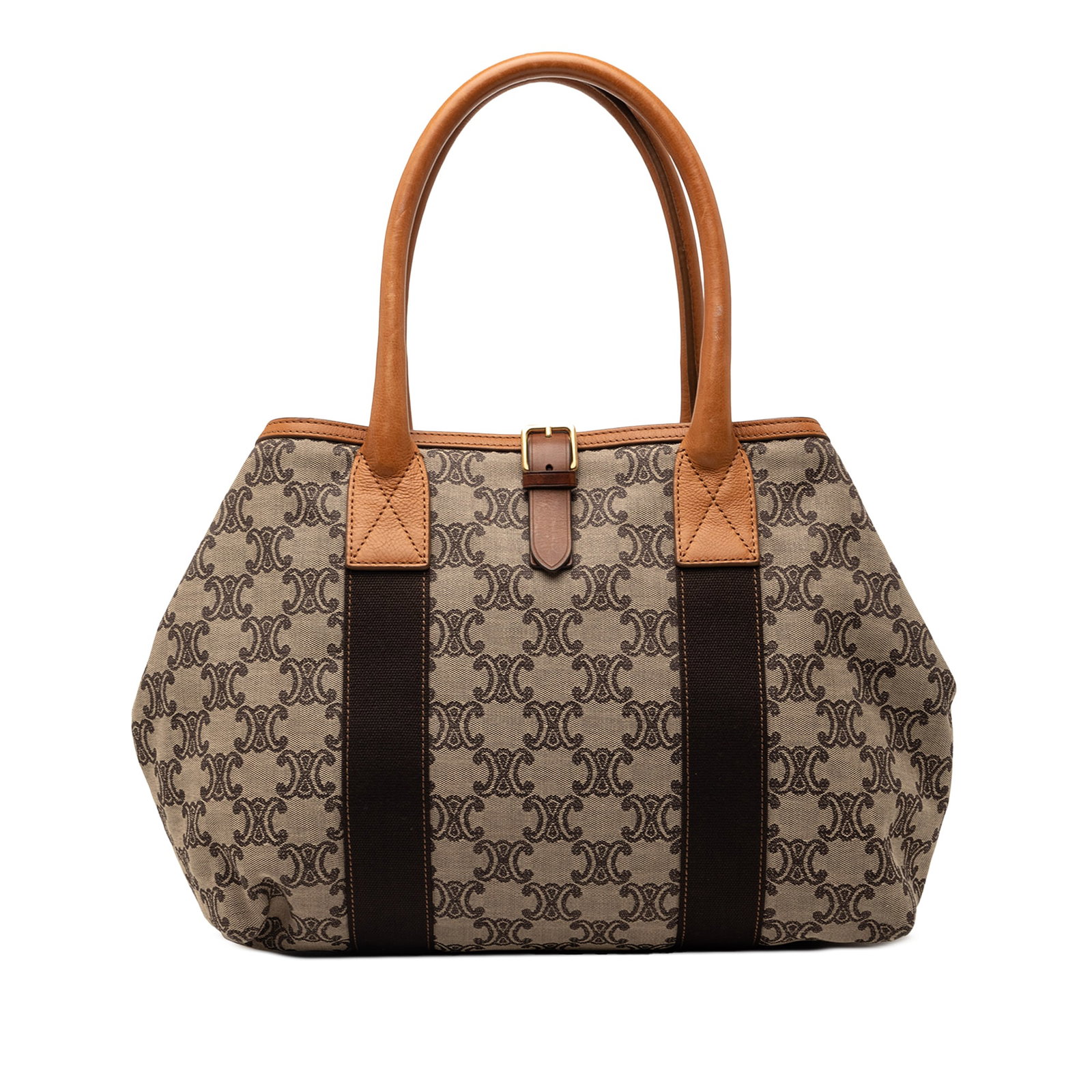 Celine Macadam beige canvas tote with leather trim: Celine Macadam beige canvas tote with leather trim This Celine Macadam Canvas Tote features a beige canvas body with leather trim, rolled leather handles, and an open top secured by a flat strap with 
