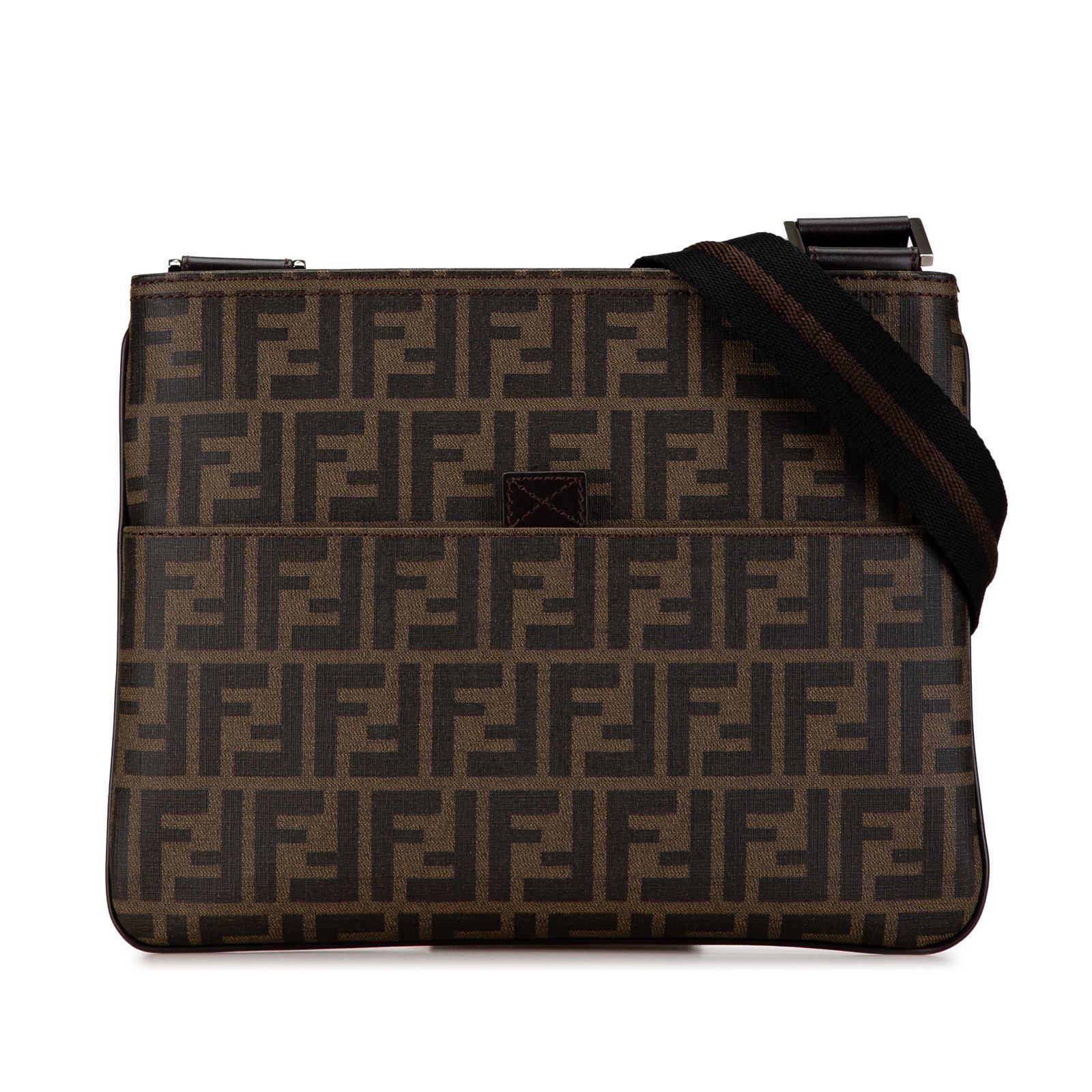 Fendi Zucca Coated Canvas Brown Crossbody Bag: Fendi Zucca Coated Canvas Brown Crossbody Bag This Fendi Zucca crossbody bag is crafted from coated canvas in a brown color, featuring an adjustable flat shoulder strap for versatile wear. The design 