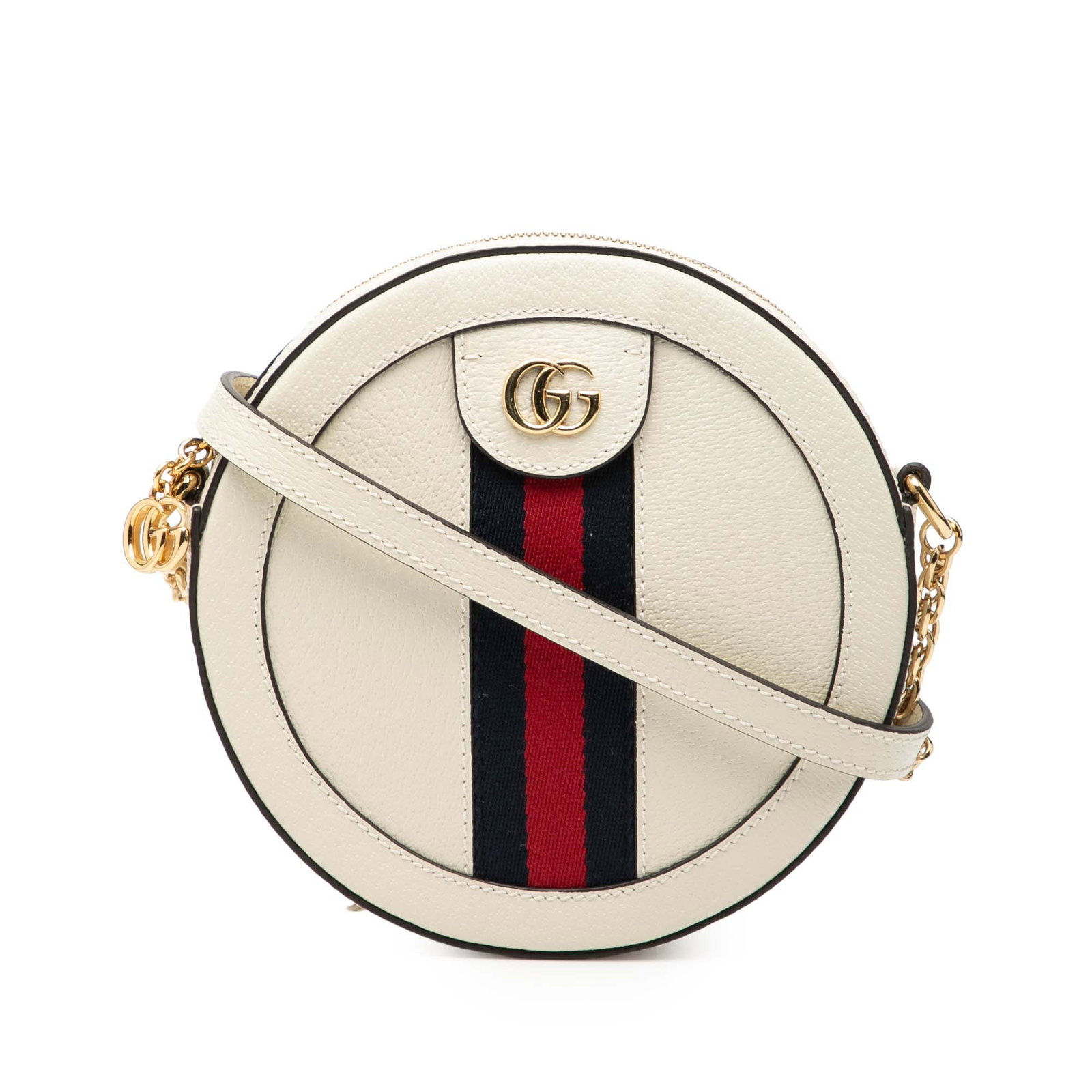 Gucci White Leather Ophidia Round Crossbody Bag: Gucci White Leather Ophidia Round Crossbody Bag This Gucci Mini Leather Ophidia Round Crossbody features a white leather body with a gold-toned chain strap and a top zip closure. The bag shows signs o