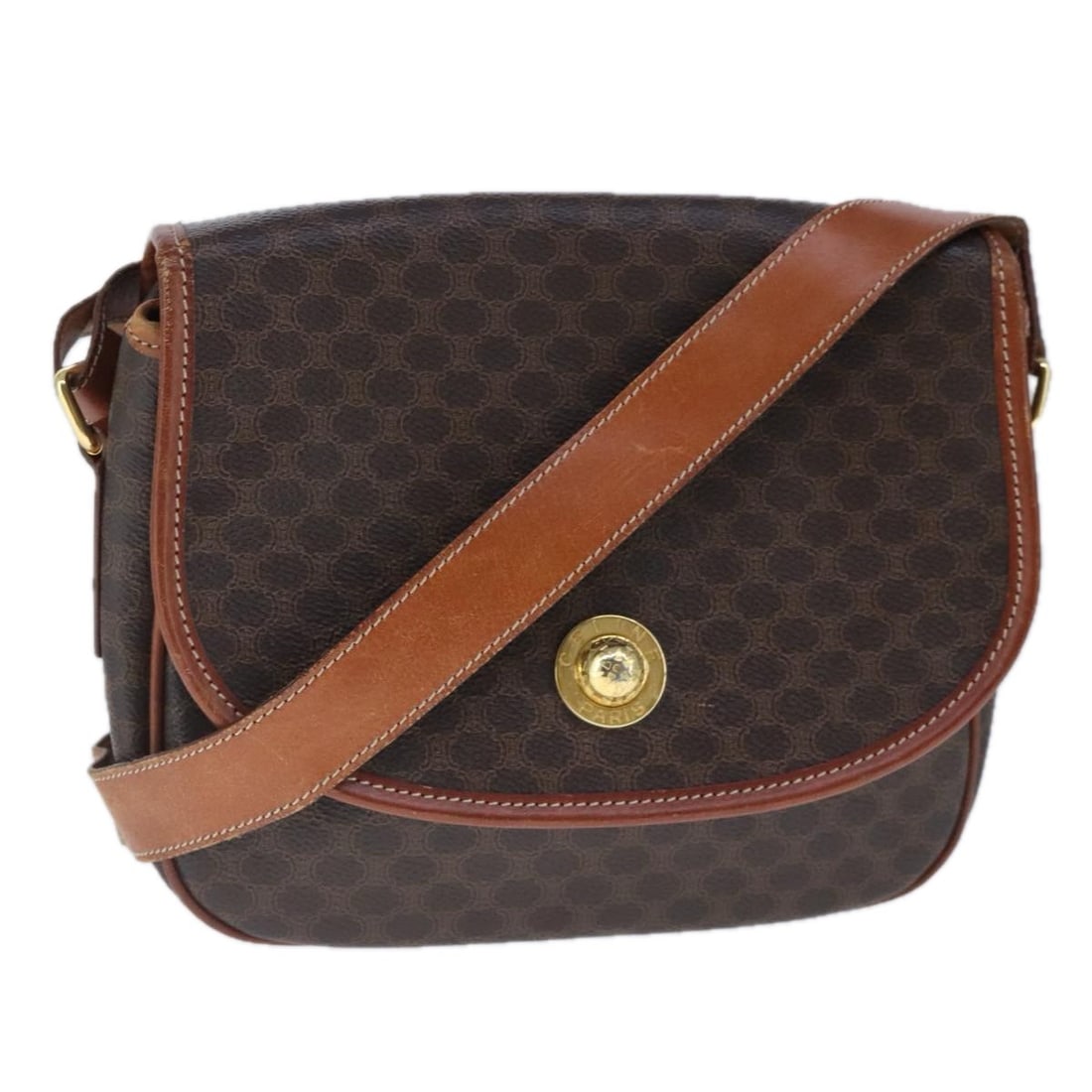 Celine Macadam Canvas Shoulder Bag Brown Leather Trim: Celine Macadam Canvas Shoulder Bag Brown Leather Trim This Celine Vintage Macadam Shoulder Bag features the iconic brown canvas with leather trim, showcasing the classic Macadam pattern. Designed for 