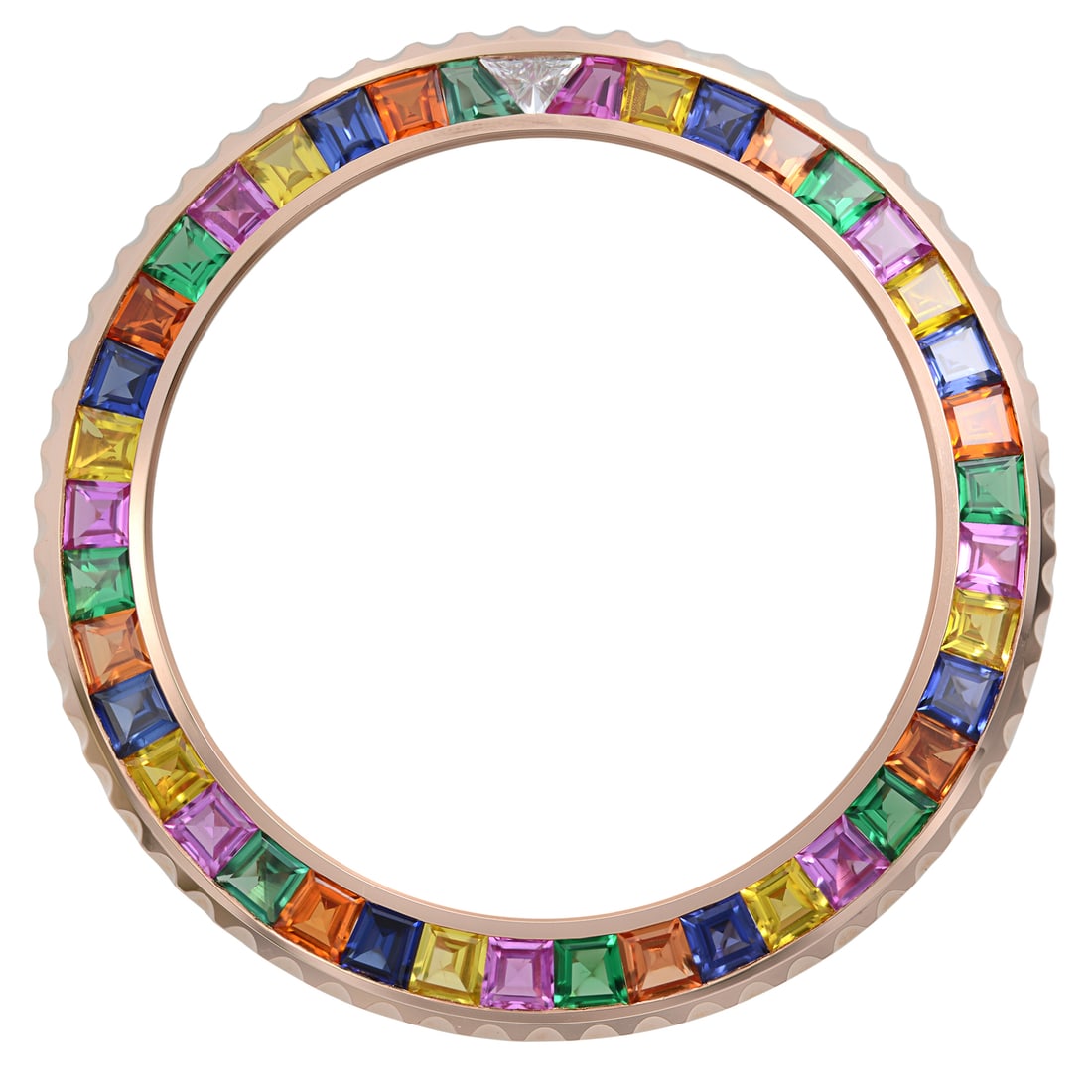 Rolex Custom 18k Rose Gold Rainbow Bezel for Yacht-Master: Rolex Custom 18k Rose Gold Rainbow Bezel for Yacht-Master Elevate your Rolex Yacht-Master with this stunning Custom 18k Rose Gold Rainbow Bezel. Crafted from premium 18k rose gold, this bezel features