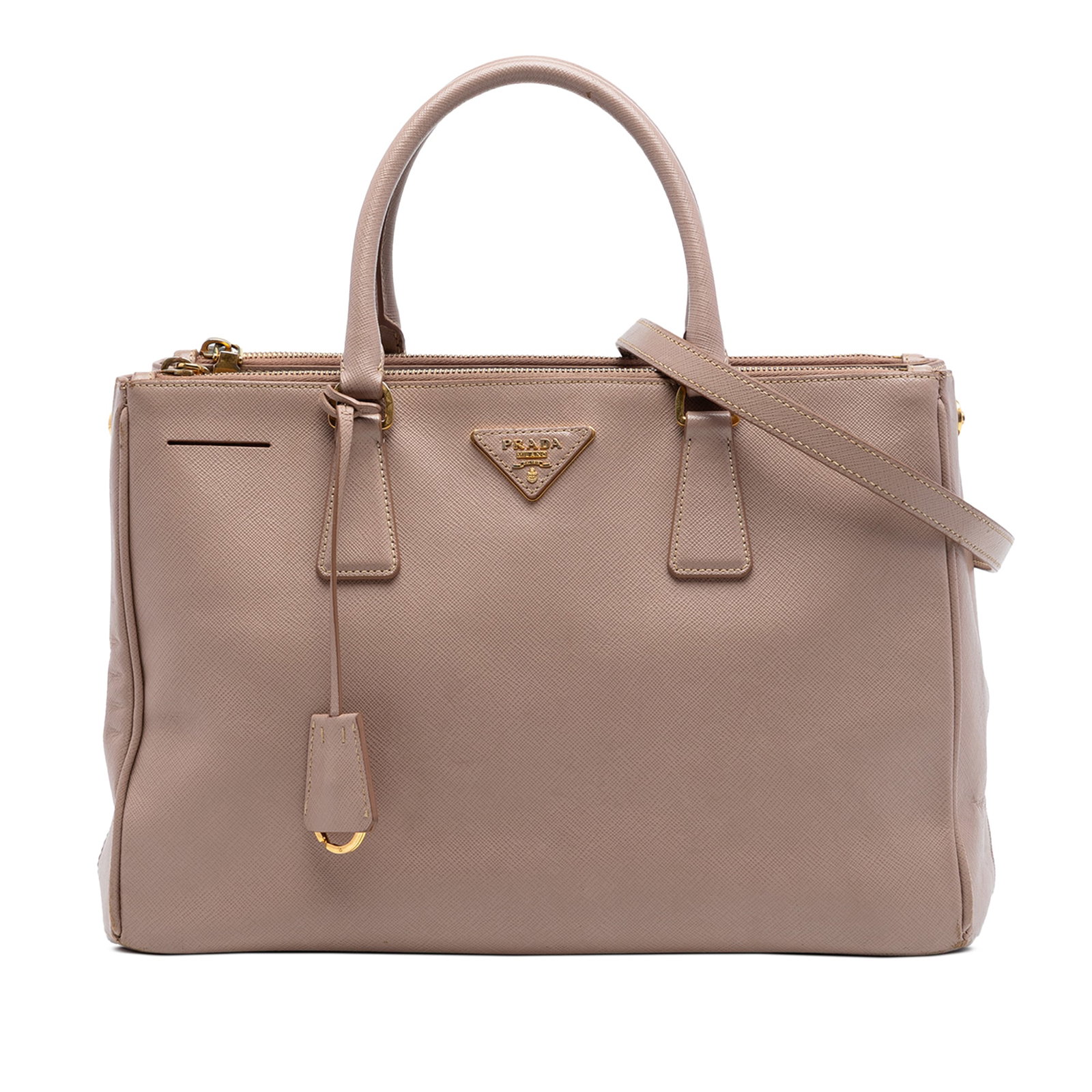 Prada Galleria Brown Saffiano Leather Double Zip Tote: Prada Galleria Brown Saffiano Leather Double Zip Tote This Prada Medium Saffiano Lux Galleria Double Zip Tote is crafted from saffiano leather in a brown hue. The bag features rolled leather handles, 