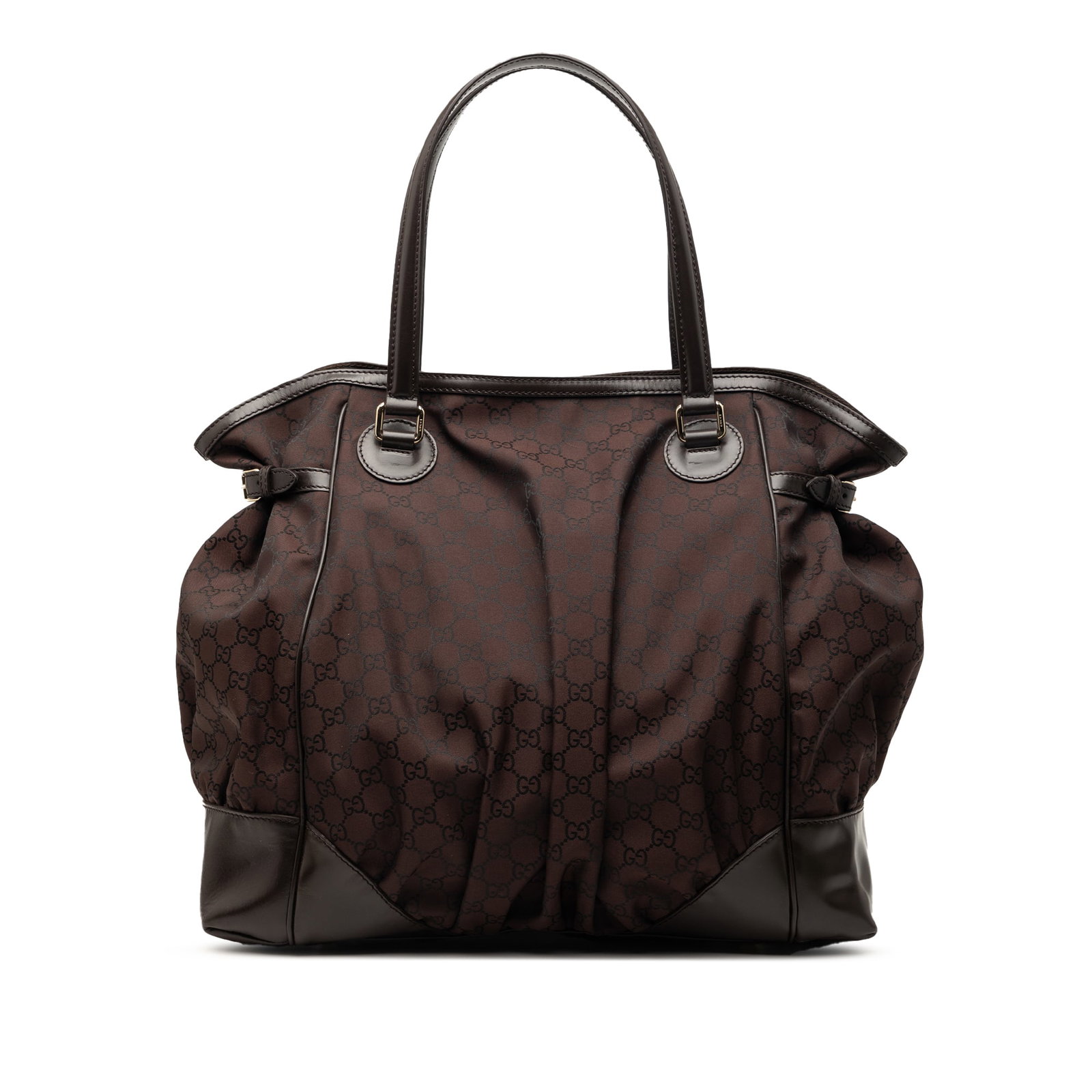 Gucci Full Moon Brown Nylon Tote Bag with Leather Trim: Gucci Full Moon Brown Nylon Tote Bag with Leather Trim This Gucci GG Nylon Full Moon Tote is crafted from durable nylon with leather trim and features flat leather straps. The bag has an open top with