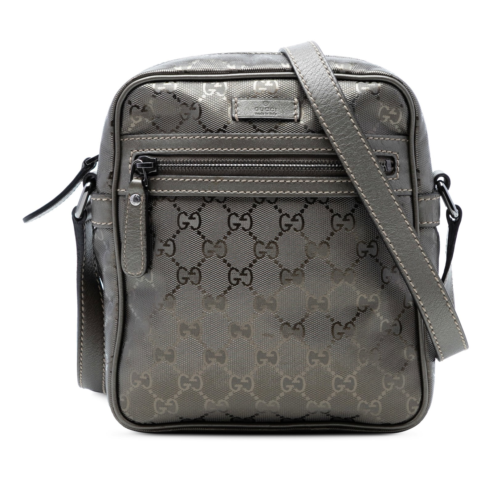 Gucci GG Imprime Brown Coated Canvas Crossbody Bag: Gucci GG Imprime Brown Coated Canvas Crossbody Bag This Gucci GG Imprime Crossbody bag features a coated canvas body with leather trim, an adjustable flat leather strap, and a top zip closure. The bag