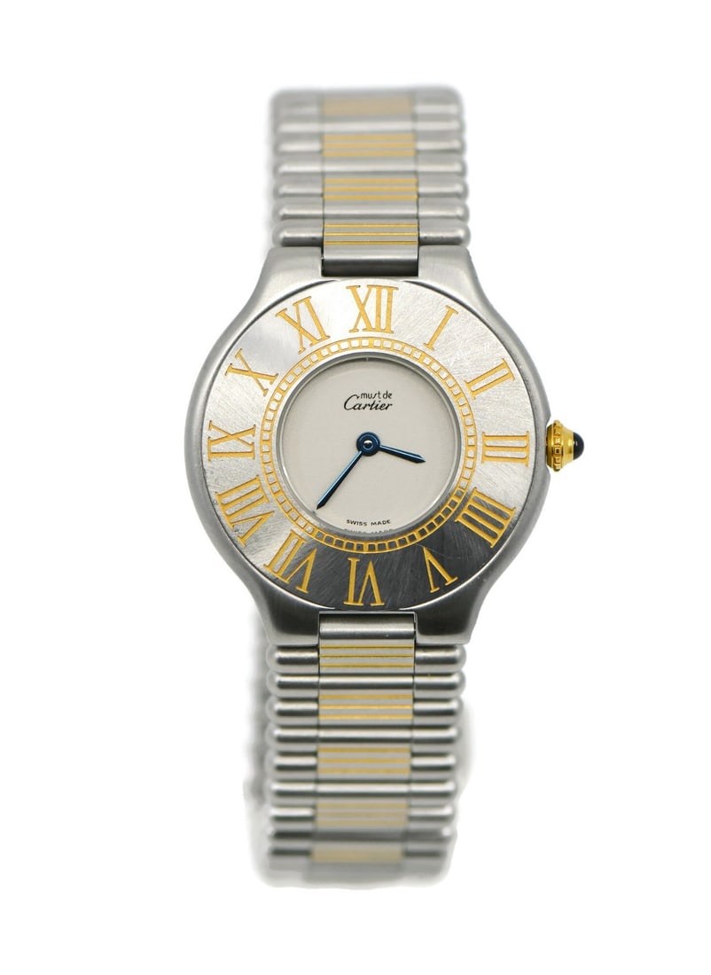 Must 21 Quartz Wristwatch in Two Tone Steel by Cartier with Box: Must 21 Quartz Wristwatch in Two Tone Steel by Cartier with Box This Cartier Must 21 wristwatch features a two-tone stainless steel design with a white dial and quartz movement. It comes in its origin