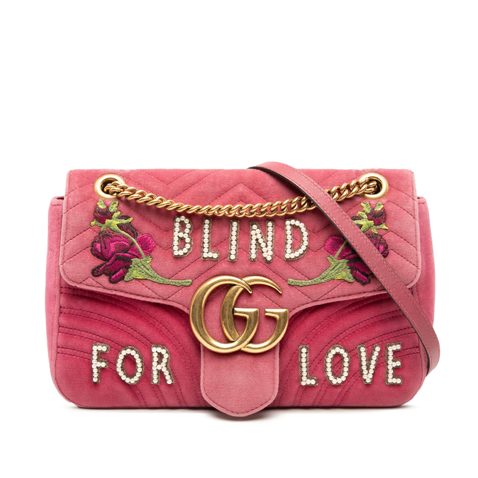 Gucci GG Marmont pink velvet embroidered shoulder bag: Gucci GG Marmont pink velvet embroidered shoulder bag This Gucci Large GG Marmont Matelasse Velvet Embroidered Blind For Love Shoulder Bag features a quilted velvet body with detailed embroidery, a ch
