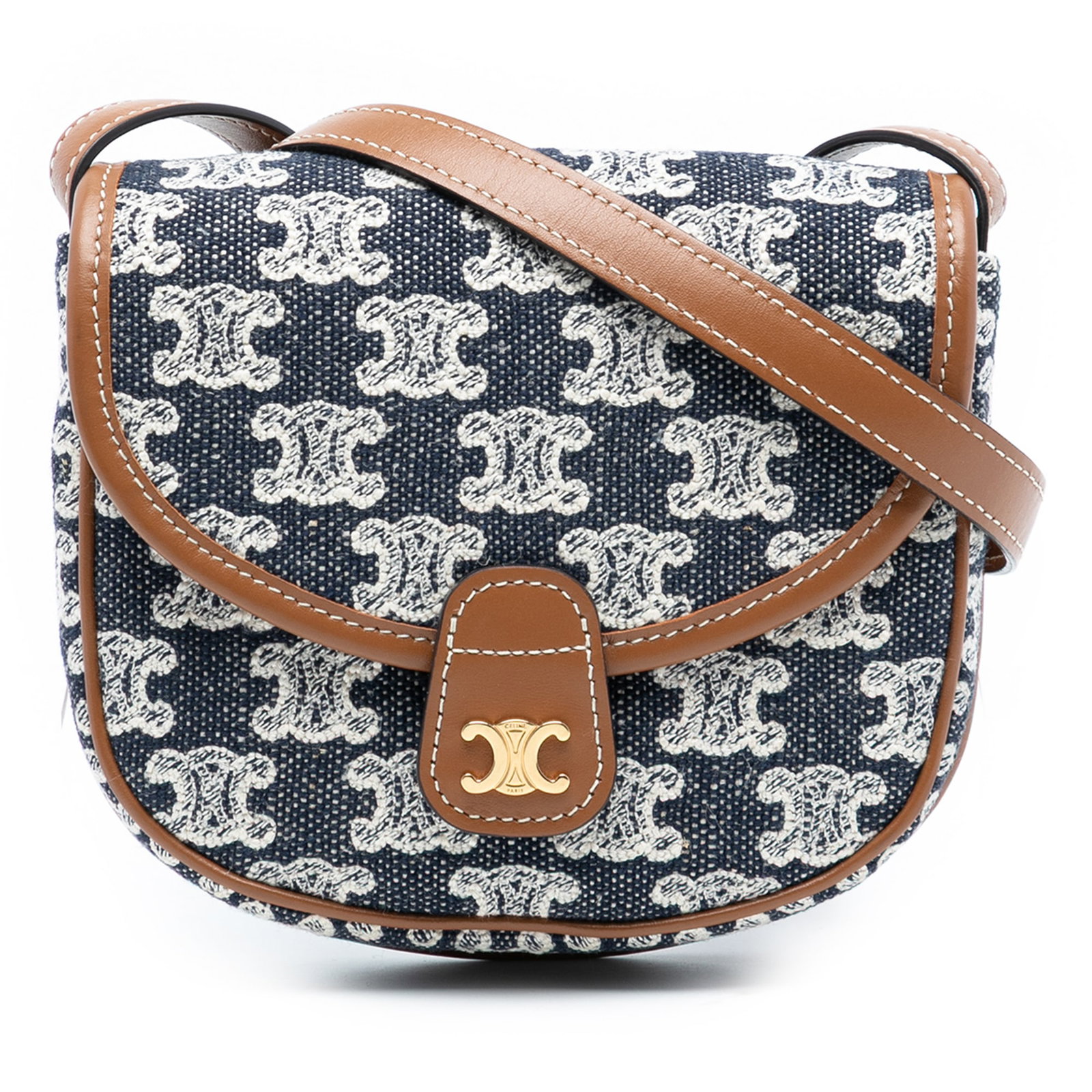 Celine Mini Triomphe Canvas Calfskin Blue Crossbody Bag with Flap Closure: Celine Mini Triomphe Canvas Calfskin Blue Crossbody Bag with Flap Closure This Celine Mini Triomphe Canvas and Calfskin Besace Crossbody bag features a blue canvas body with leather trim, an adjustabl