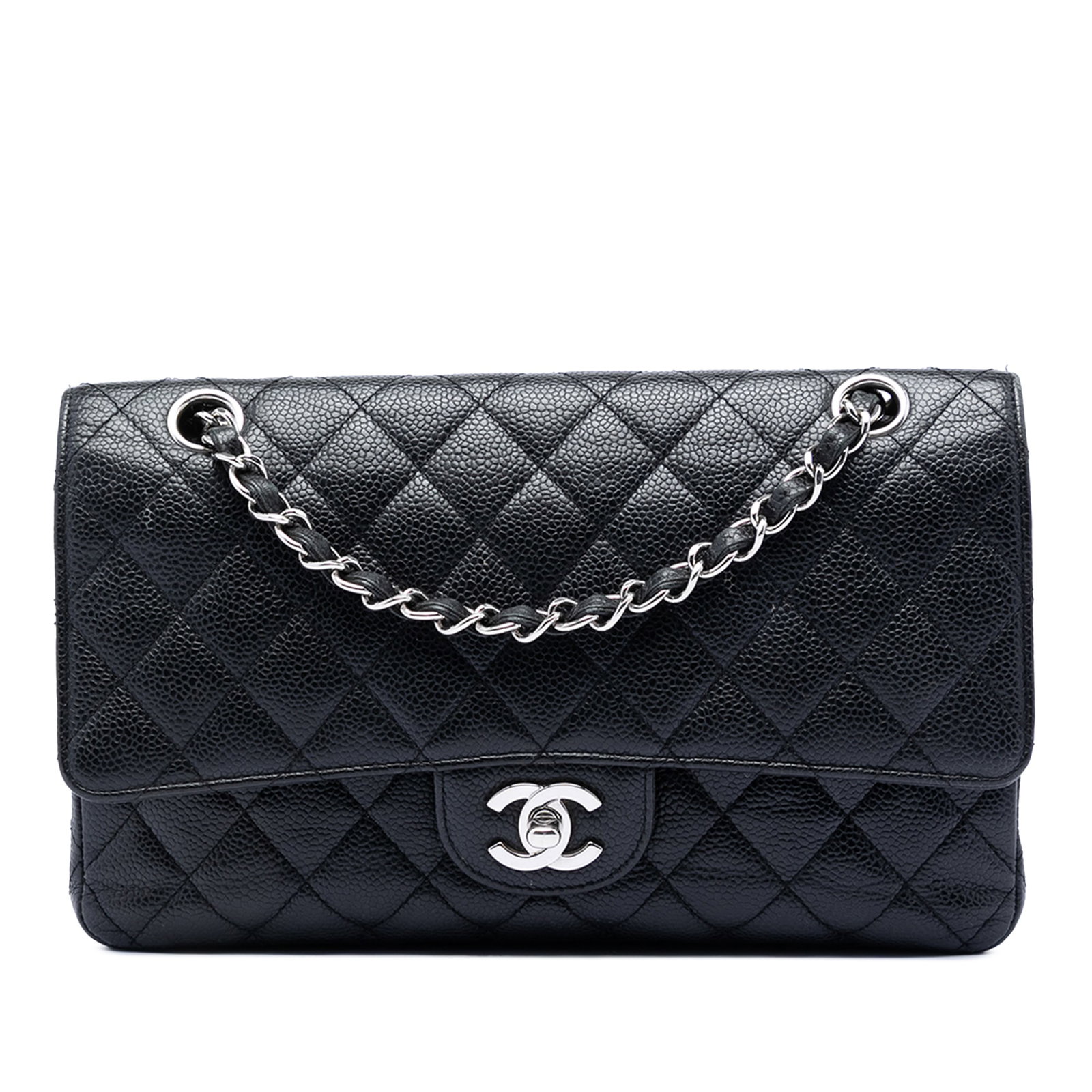 Chanel Classic Caviar Flap Shoulder Bag Black: Chanel Classic Caviar Flap Shoulder Bag Black This Chanel Medium Classic Caviar Double Flap shoulder bag is crafted from quilted caviar leather in black and features leather-woven chain straps. It inc