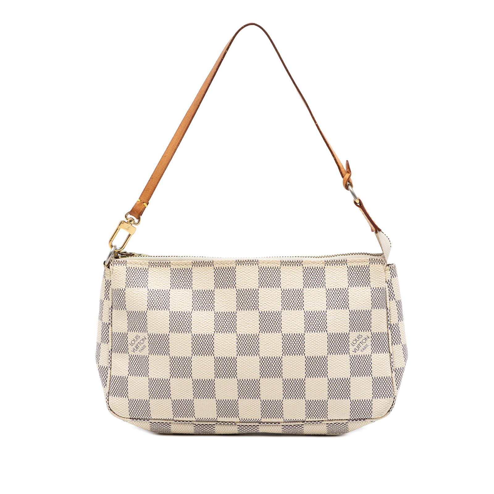 Louis Vuitton Damier Azur zip pouch with vachetta strap: Louis Vuitton Damier Azur zip pouch with vachetta strap This Louis Vuitton Damier Azur Pochette Accessoires features the signature Damier Azur canvas, a flat vachetta leather strap, and a top zip clos
