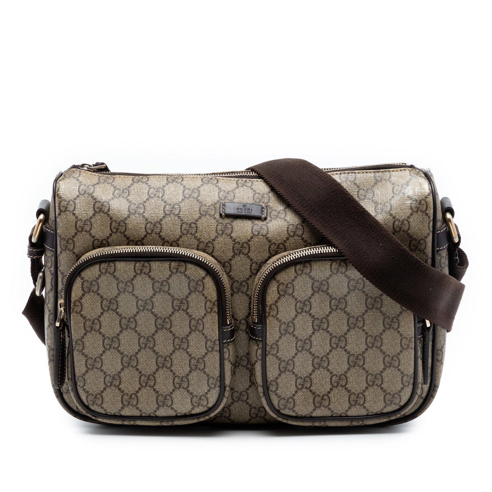 GG Supreme Double Pocket Crossbody Bag with Leather Trim by Gucci: GG Supreme Double Pocket Crossbody Bag with Leather Trim by Gucci This Gucci GG Supreme Double Pocket Crossbody bag features a coated canvas body with leather trim, an adjustable flat shoulder strap, 