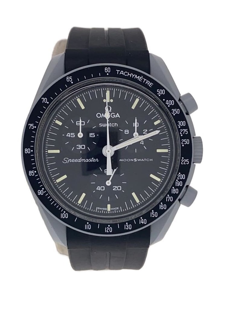OMEGAxSWATCH MoonSwatch Mission to the Moon Rubber Strap Watch: OMEGAxSWATCH MoonSwatch Mission to the Moon Rubber Strap Watch This OMEGAxSWATCH MoonSwatch Speedmaster MISSION TO THE MOON wristwatch is designed for men and features a black rubber band. Crafted in 