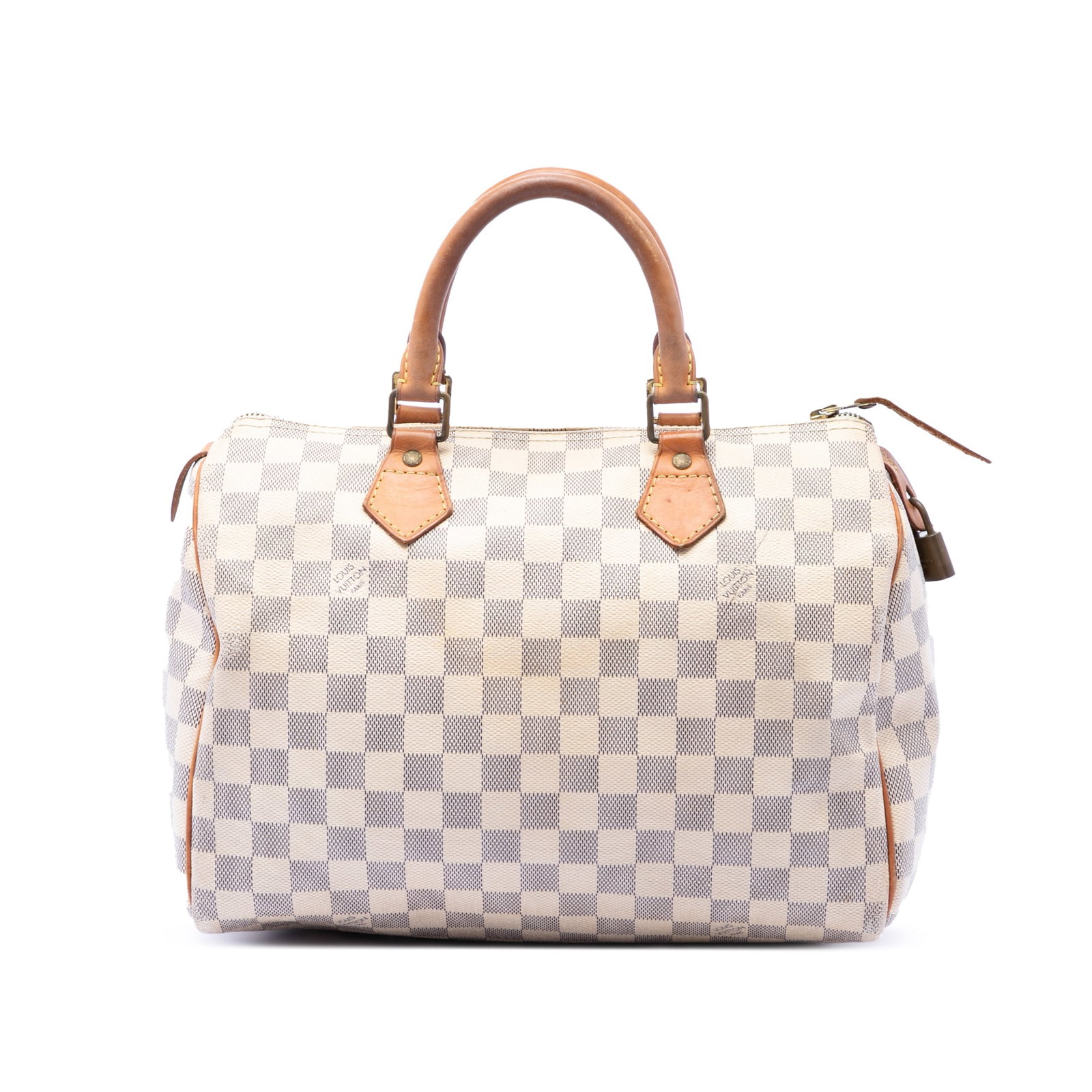 Louis Vuitton Damier Azur Speedy 30 Bag: Louis Vuitton Damier Azur Speedy 30 Bag This Louis Vuitton Damier Azur Speedy 30 handbag features the iconic damier canvas with rolled vachetta leather handles, a secure top zip closure, and an interi