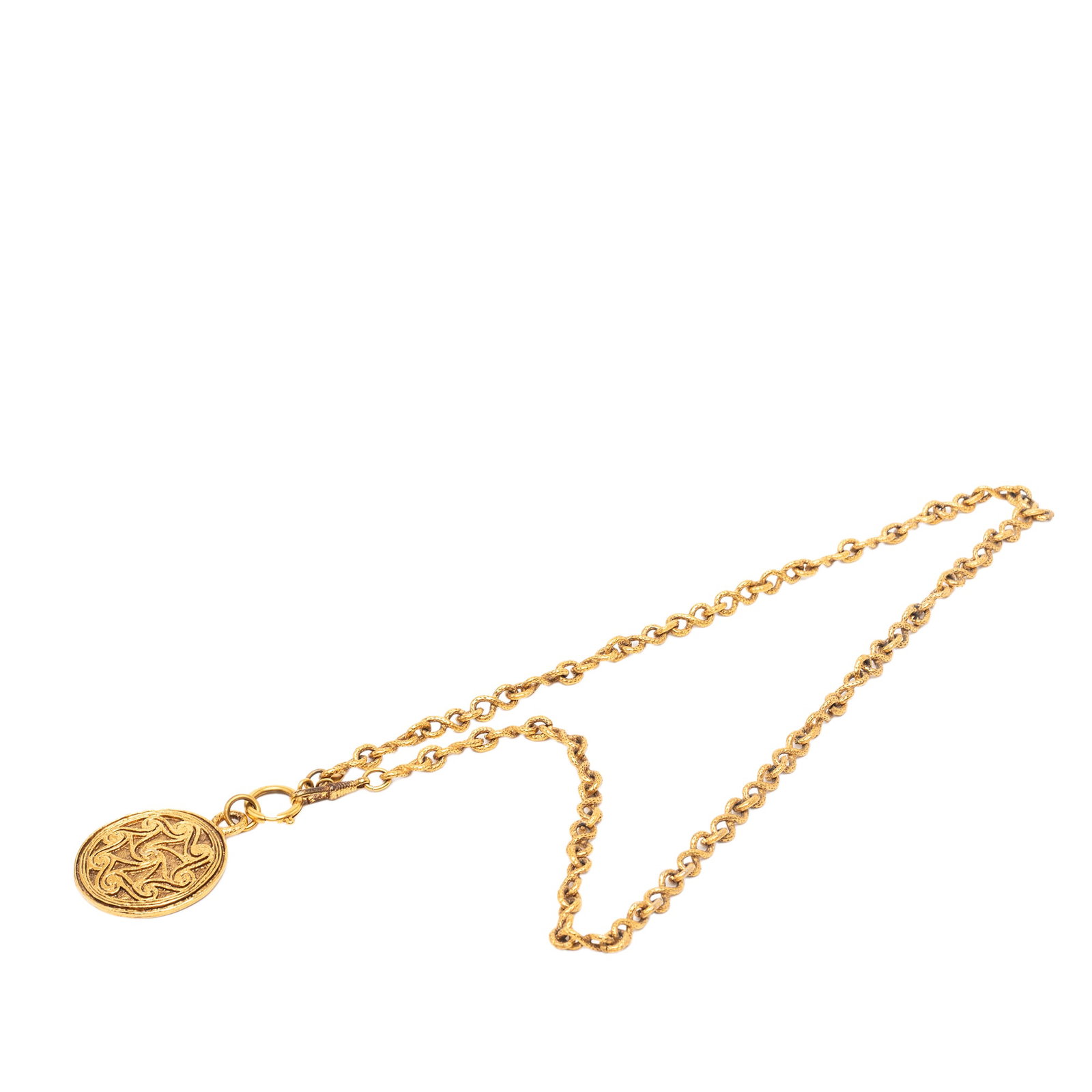 Chanel CC Medallion Pendant Necklace with Gold Tone Chain: Chanel CC Medallion Pendant Necklace with Gold Tone Chain This Chanel necklace features a gold-tone chain with a medallion pendant and is secured with a spring ring closure. The necklace is crafted fr