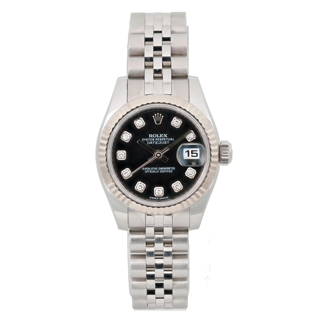 Rolex Datejust 179174 26mm Diamond Dial Ladies Watch: Rolex Datejust 179174 26mm Diamond Dial Ladies Watch This Rolex Datejust 179174 is a women's luxury wristwatch featuring a 26mm polished stainless steel case with an 18K white gold fluted fixed bezel.