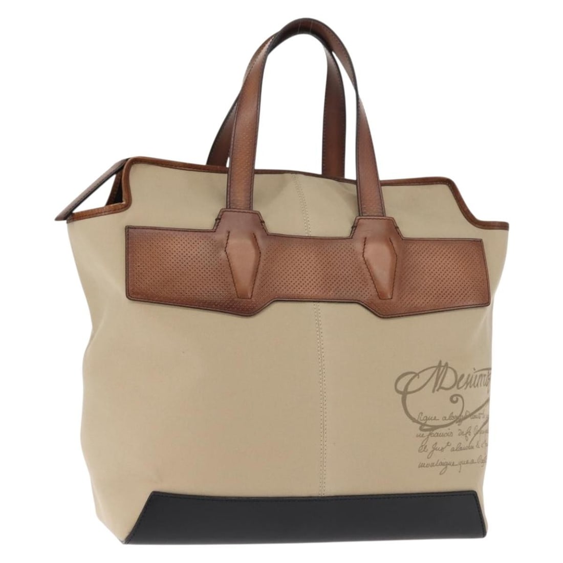 Berluti Calligraphy Beige Silver Canvas Leather Tote Bag: Berluti Calligraphy Beige Silver Canvas Leather Tote Bag This Berluti Calligraphy tote bag is crafted from beige and silver canvas with leather accents, offering a stylish and practical accessory for 